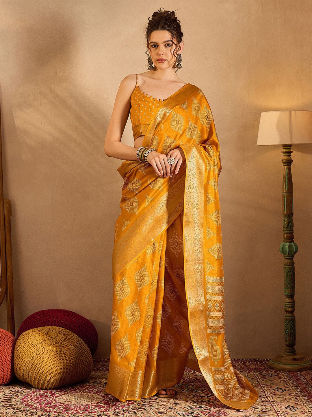 

Saree mall Printed Zari Bagru Sarees, Yellow