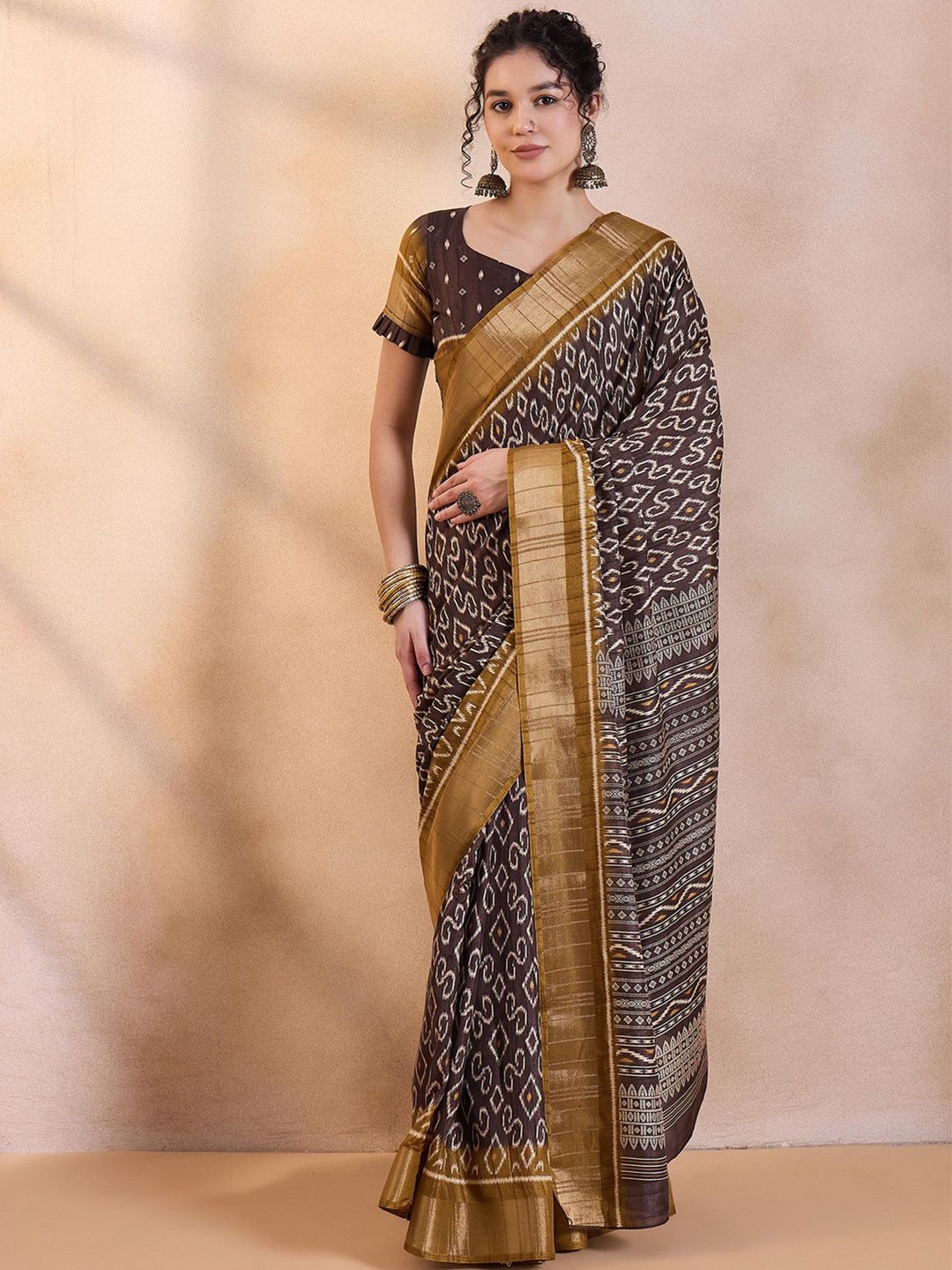 

Saree mall Zari Bagru Sarees, Brown