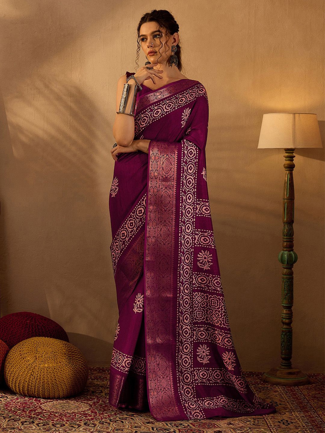 

Saree mall Ethnic Motifs Zari Bagru Sarees, Magenta