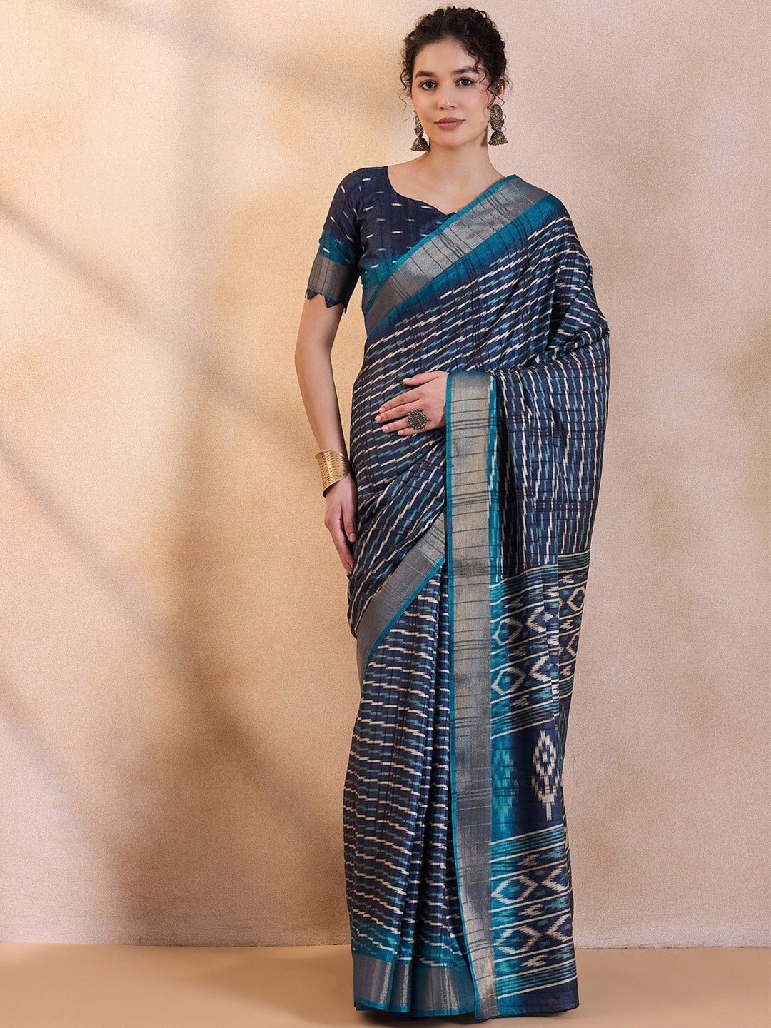 

Saree mall Zari Bagru Sarees, Navy blue