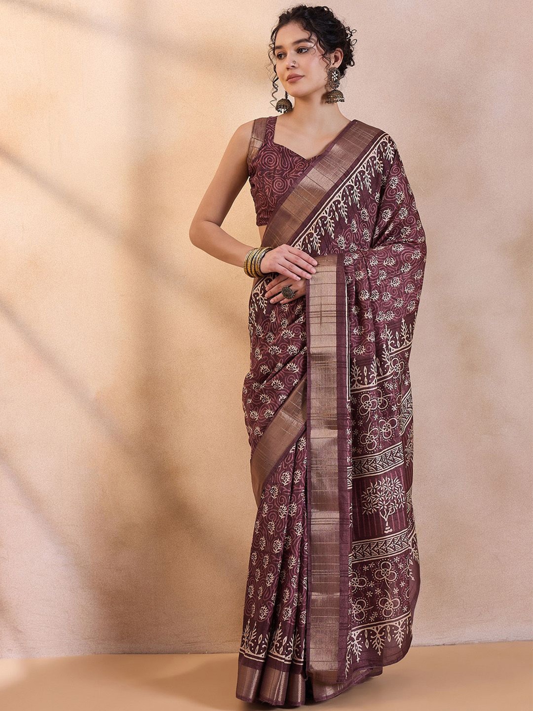 

Saree mall Bagh Zari Bagru Sarees, Burgundy