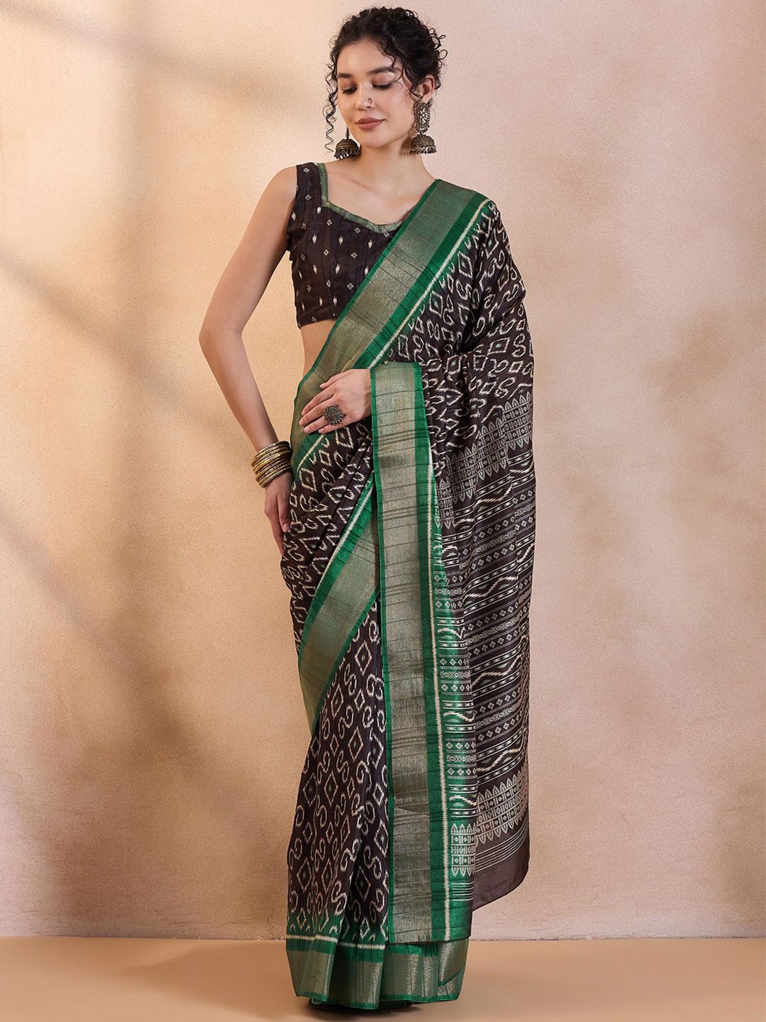 

Saree mall Batik Ethnic Printed Zari Ikat Sarees, Black