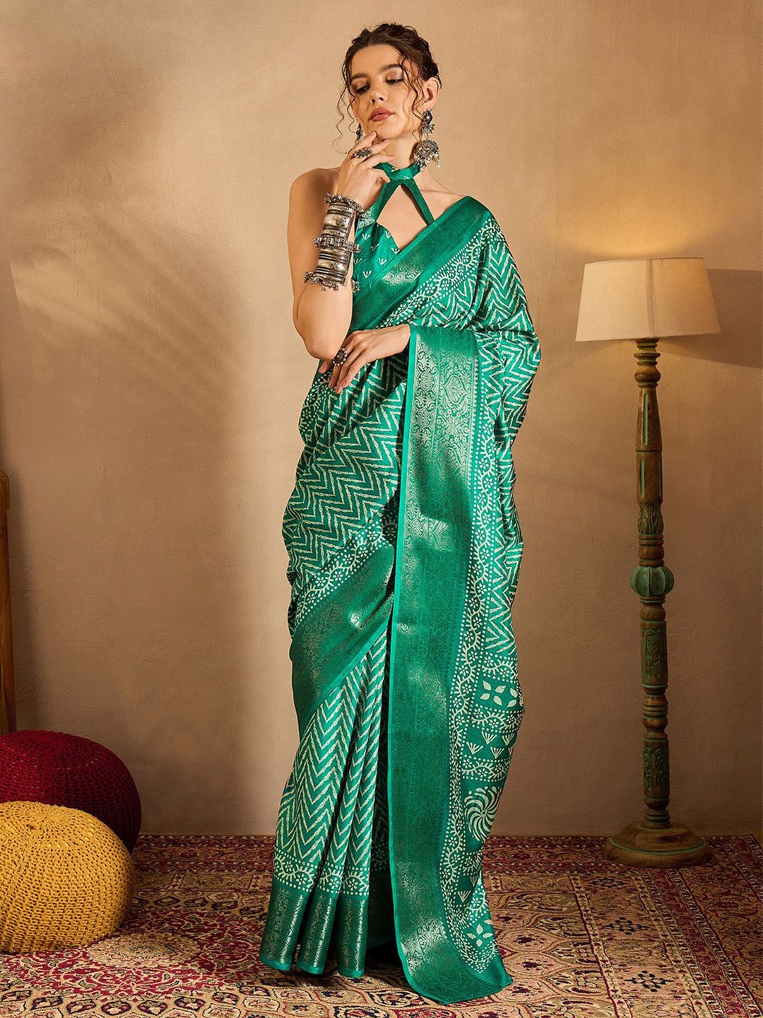 

Saree mall Ethnic Motifs Printed Zari Bagru Sarees, Sea green