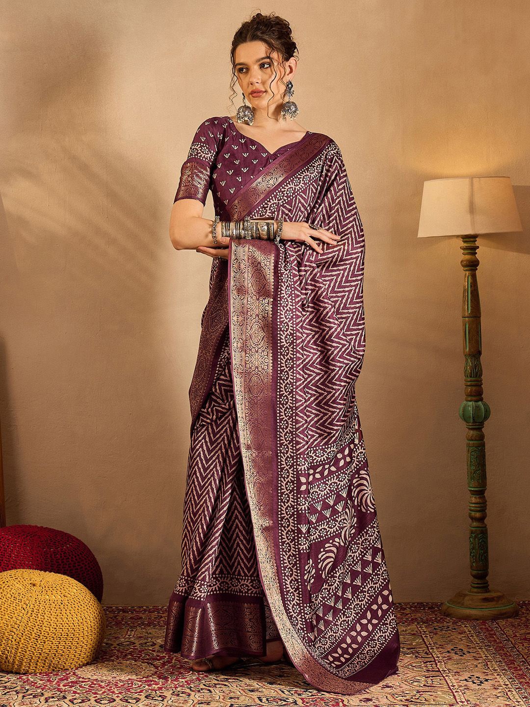 

Saree mall Zari Bagru Sarees, Burgundy