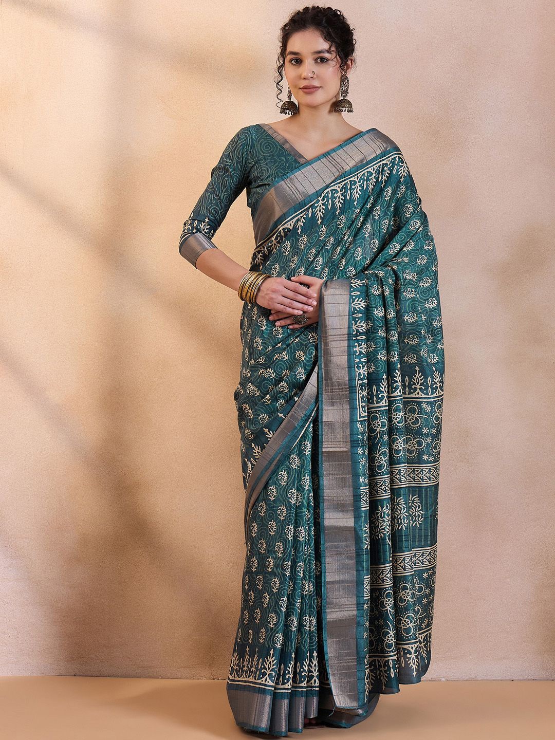 

Saree mall Bagh Zari Bagru Sarees, Teal