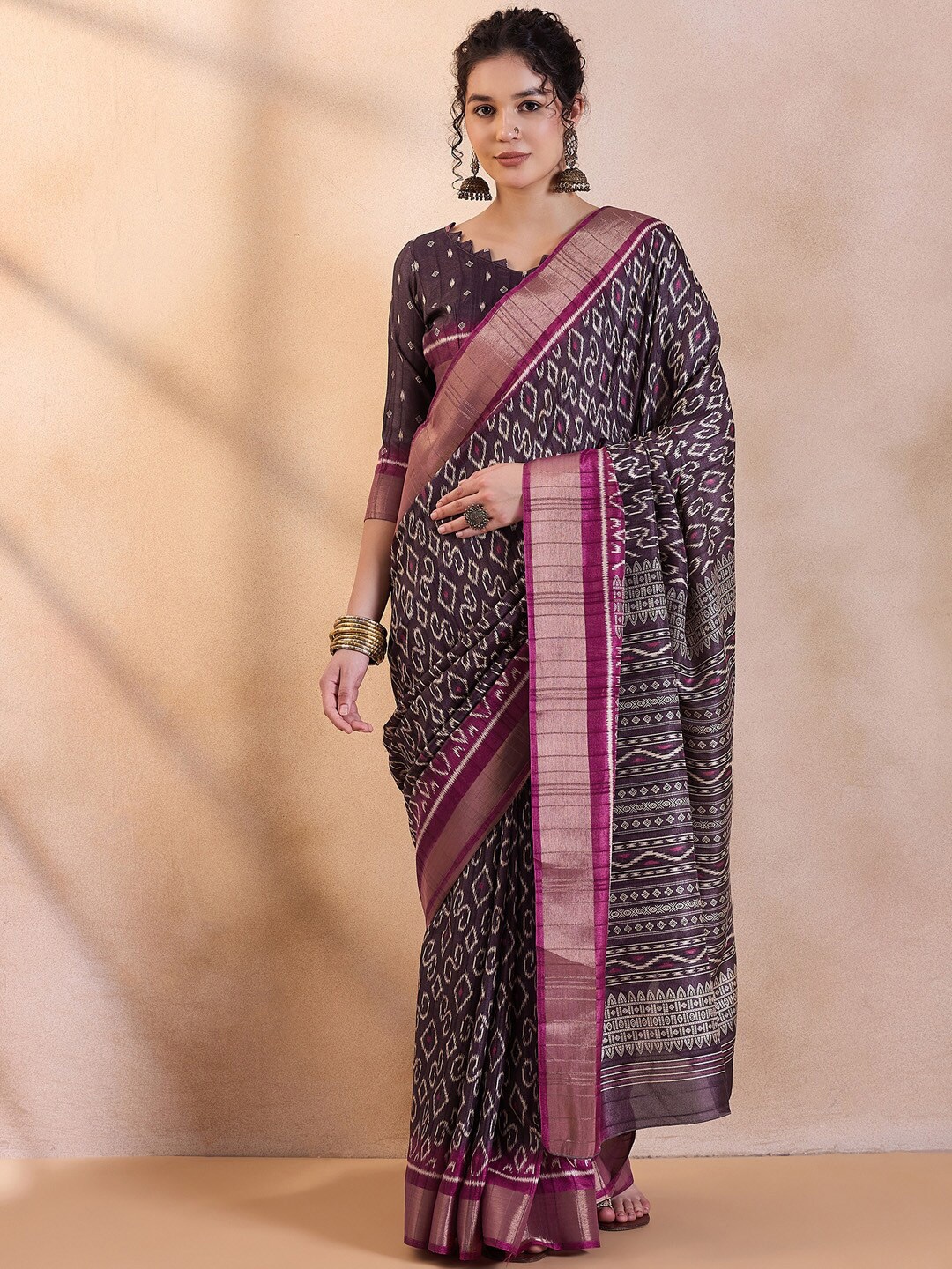 

Saree mall Printed Zari Bagru Sarees, Purple