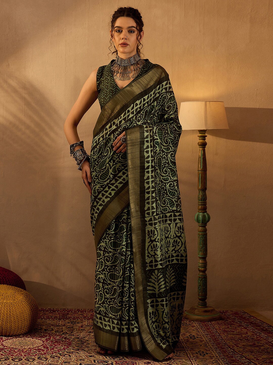 

Saree mall Paisley Zari Bagru Sarees, Olive