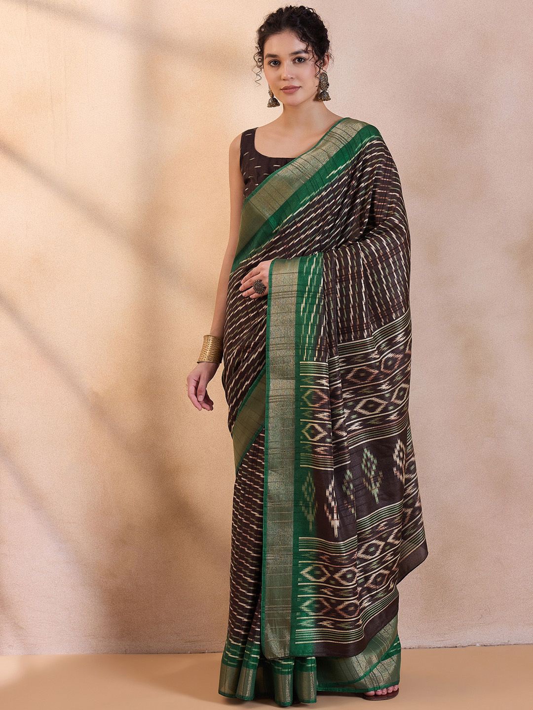 

Saree mall Zari Bagru Sarees, Brown