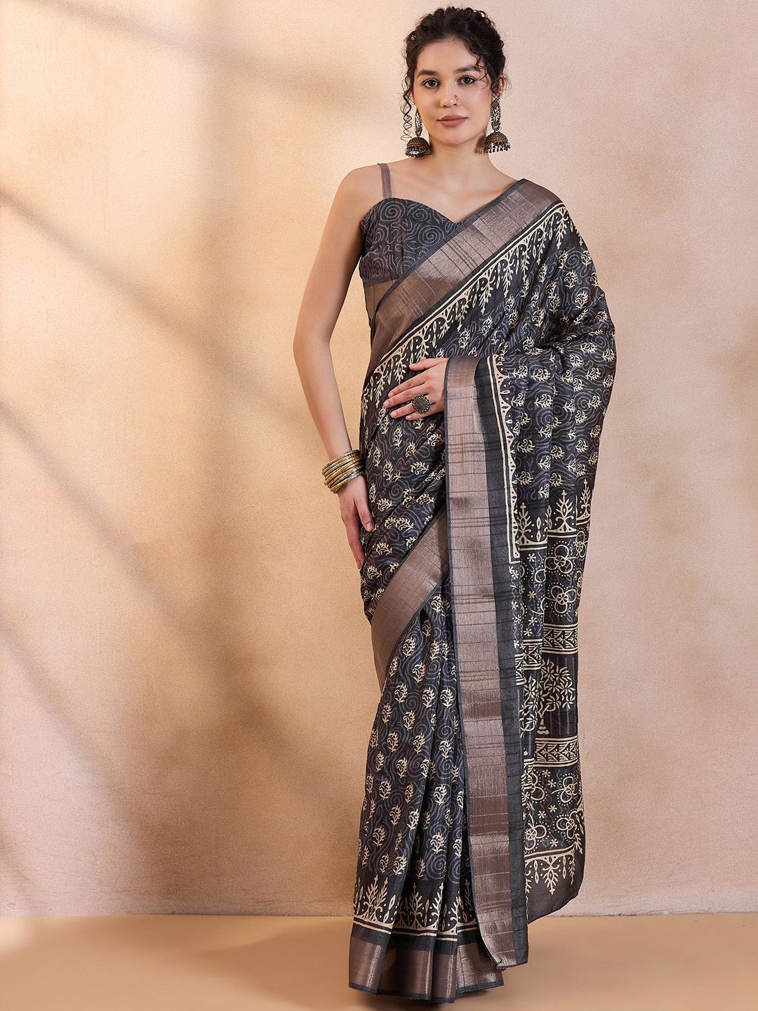 

Saree mall Bagh Printed Zari Bagru Sarees, Black