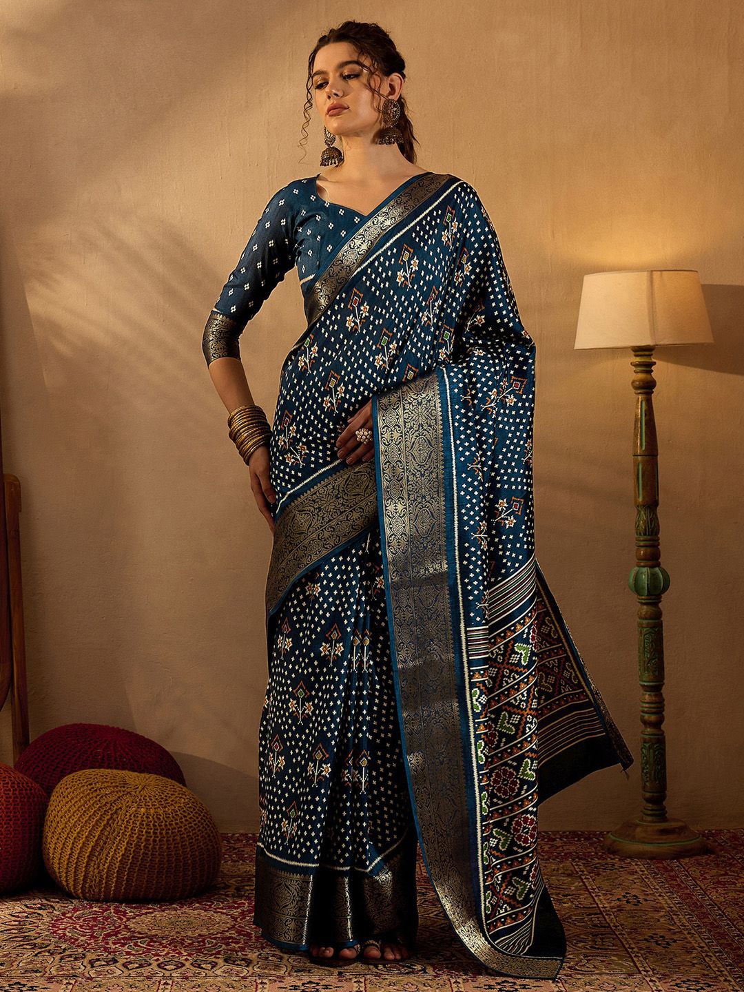 

Saree mall Batik Zari Bagru Sarees, Blue