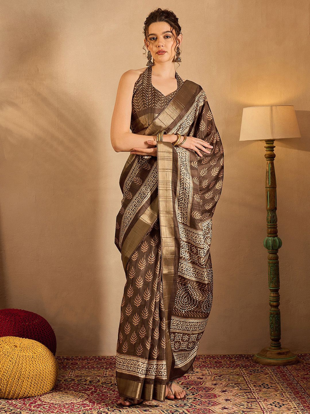 

Saree mall Printed Zari Bagh Sarees, Brown