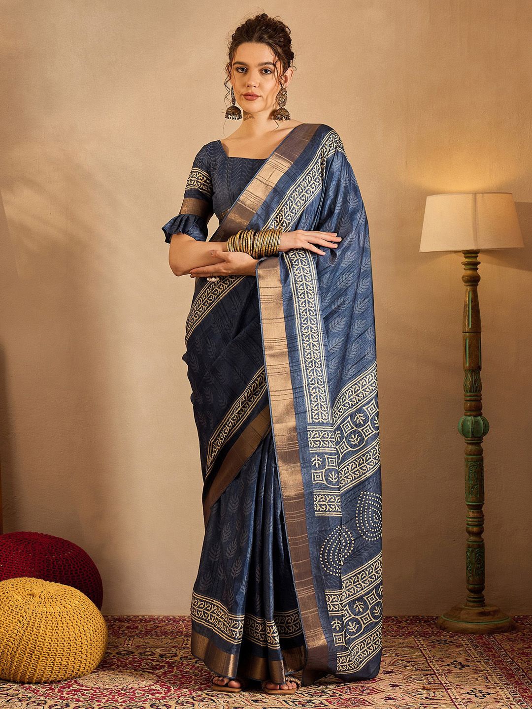 

Saree mall Ethnic Motifs Zari Bagh Sarees, Navy blue