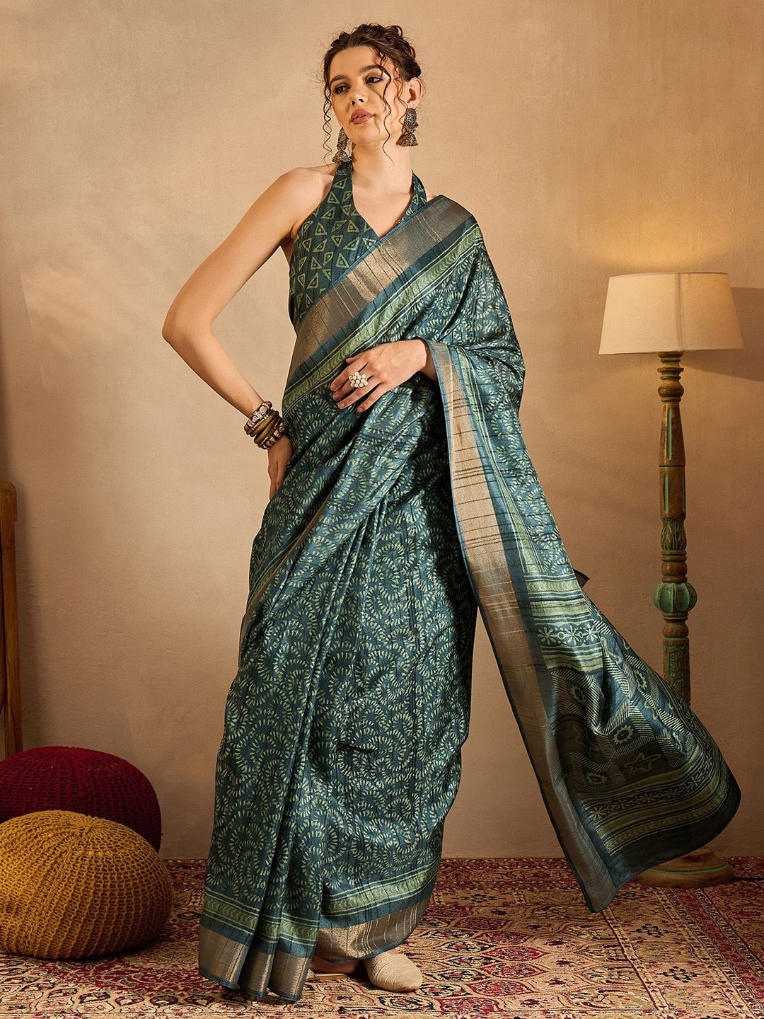 

Saree Mall Ethnic Motifs Zari Bagru Saree, Turquoise blue