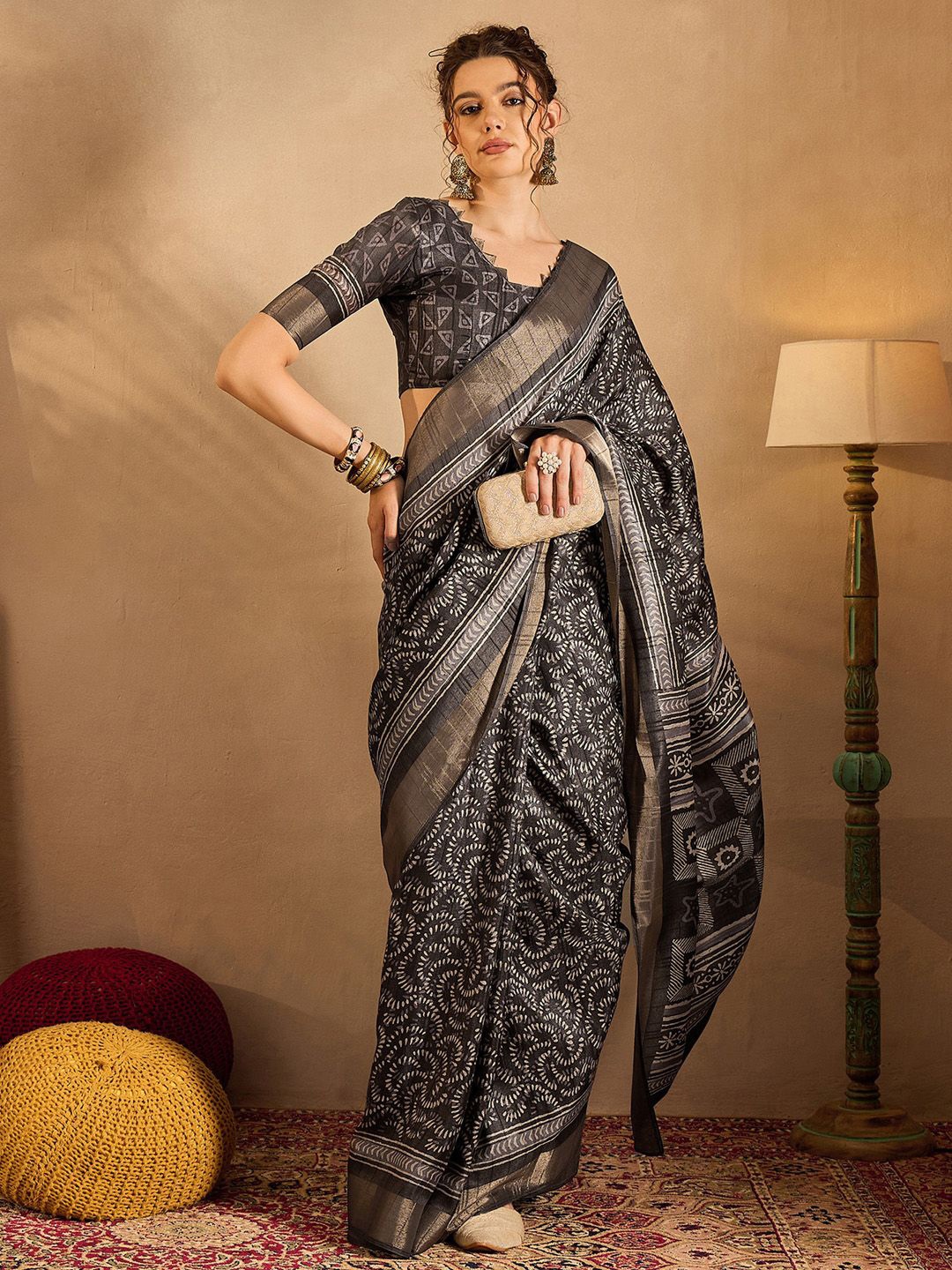 

Saree Mall Ethnic Motifs Zari Bagru Saree, Black