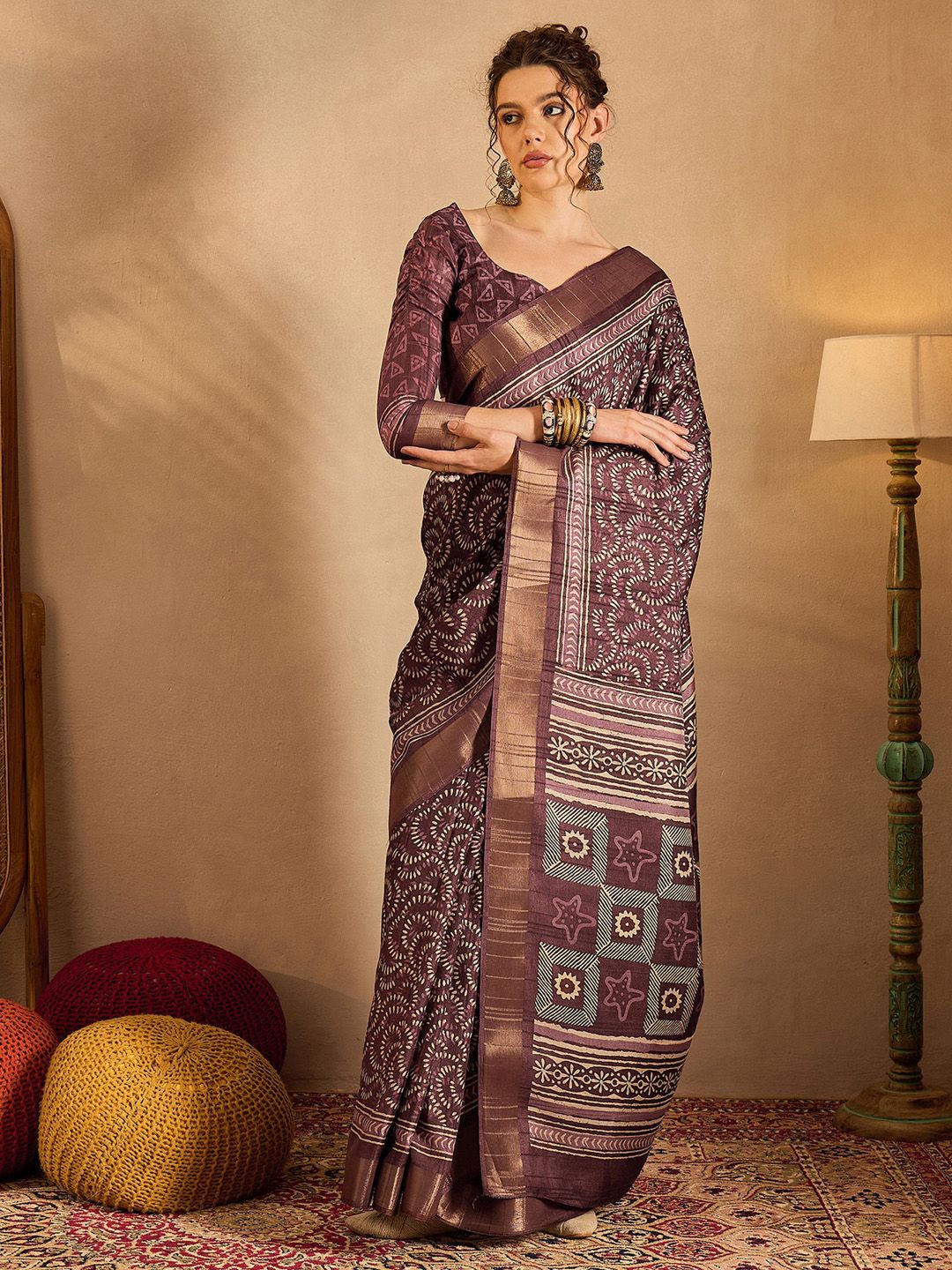 

Saree Mall Ethnic Motifs Zari Bagru Saree, Burgundy