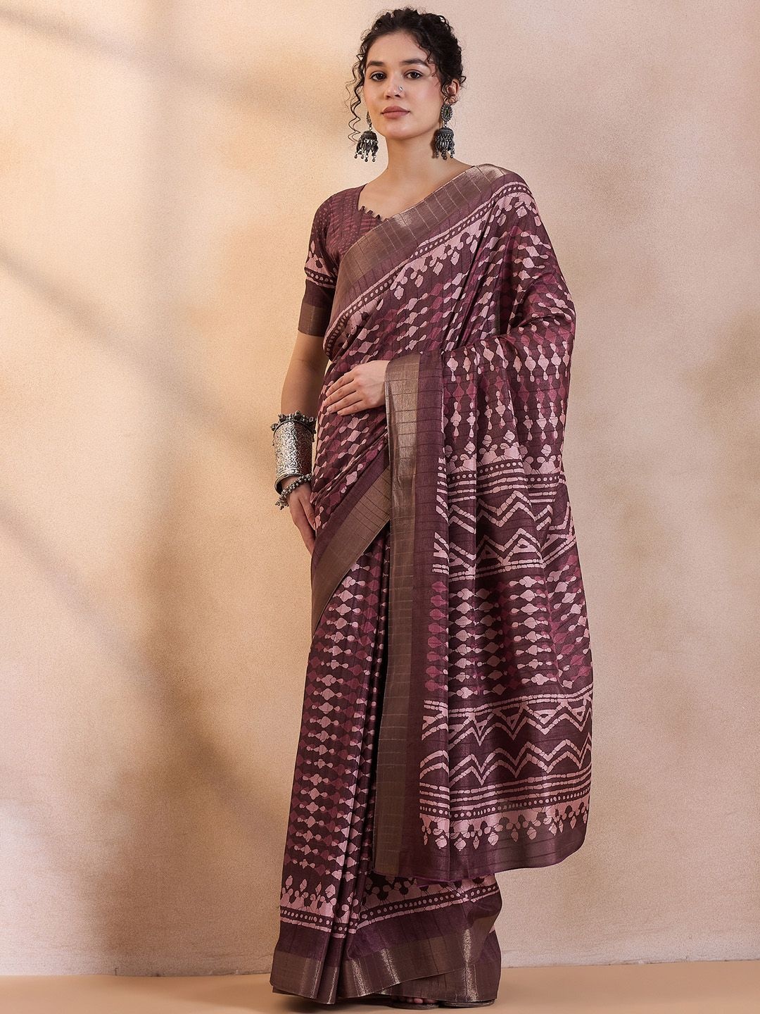 

Saree mall Printed Zari Dabu Sarees, Brown