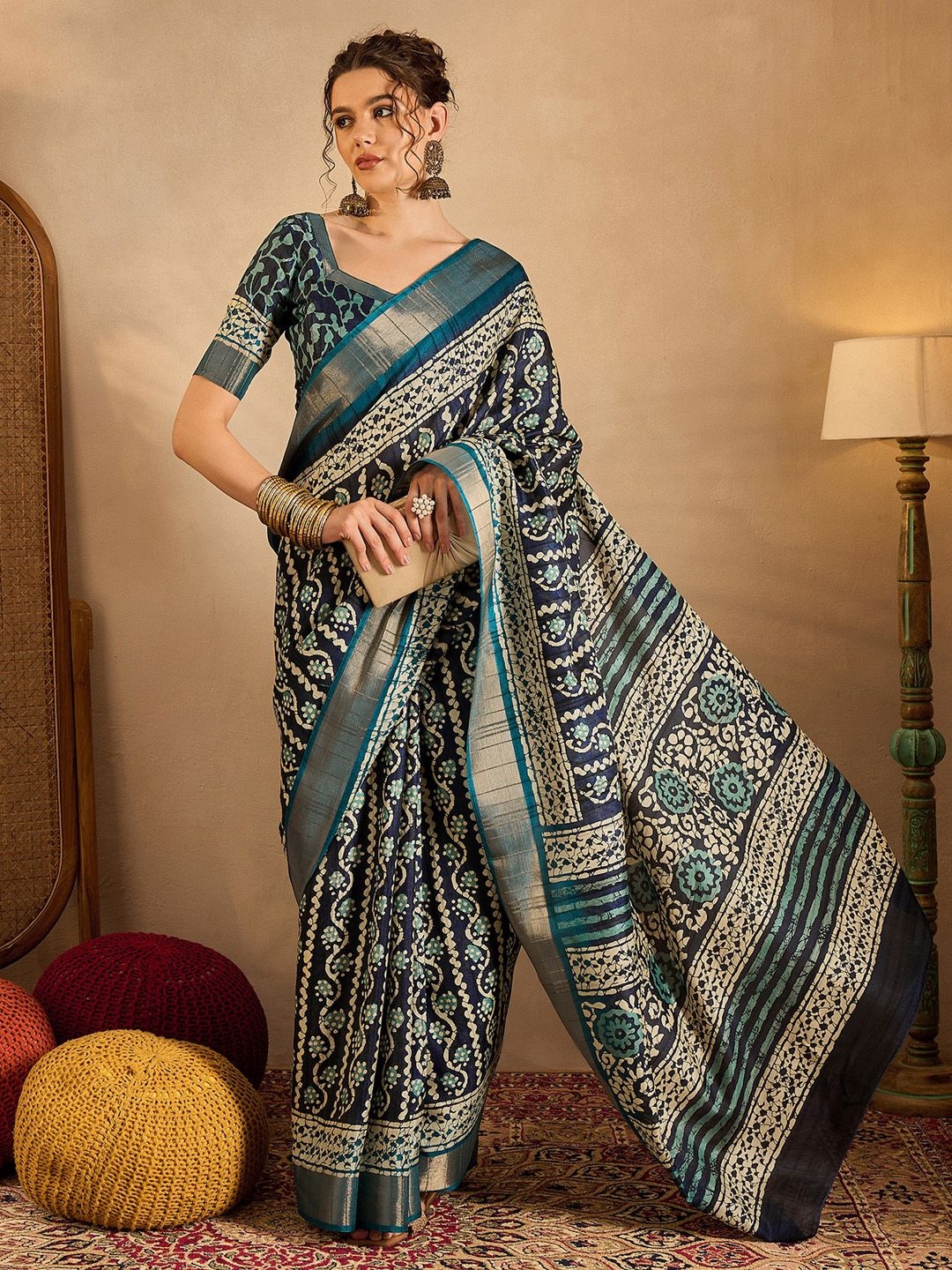 

Saree mall Ethnic Motifs Zari Bagru Sarees, Navy blue