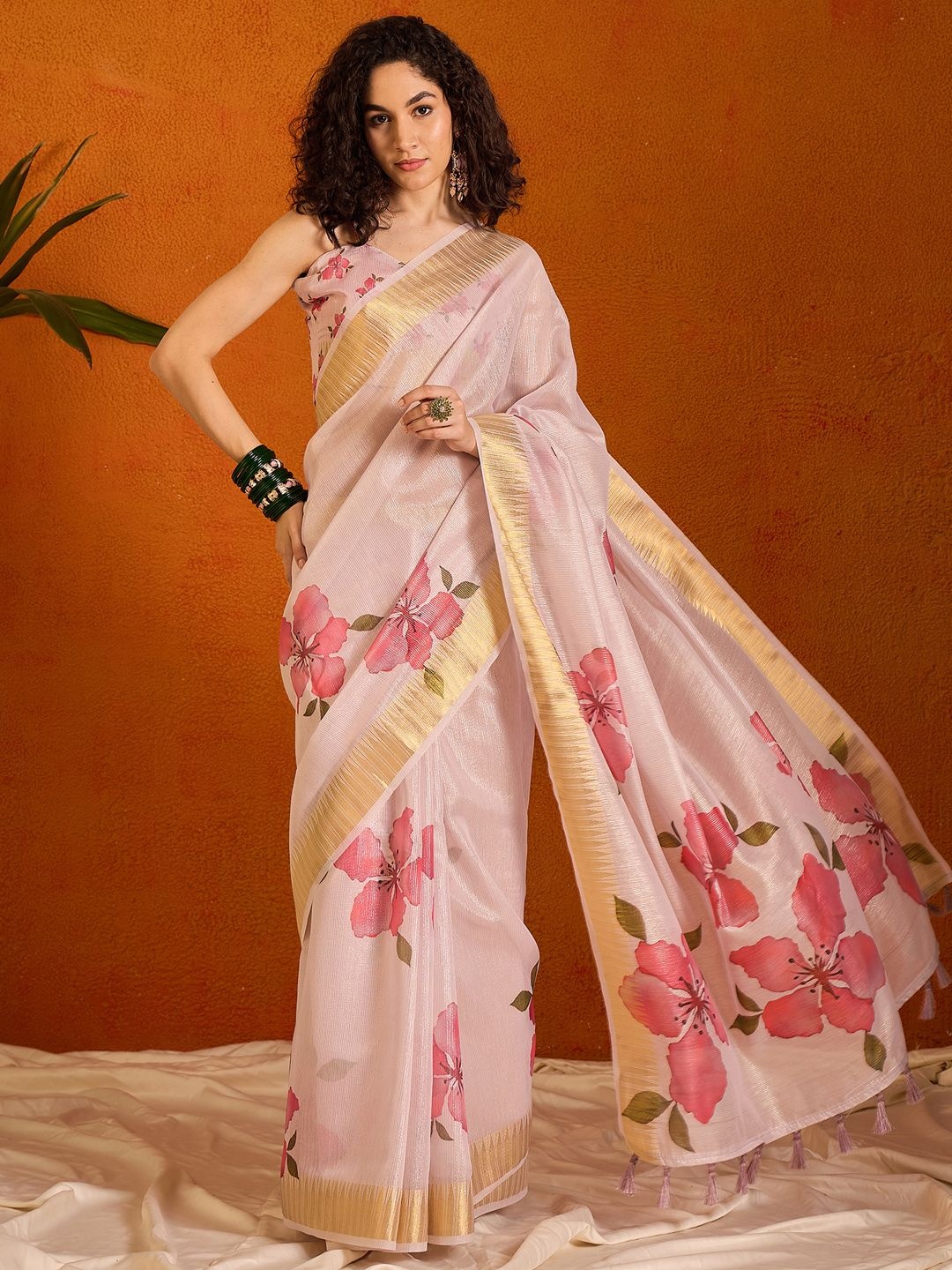 

Saree mall Floral Printed Zari Organza Sungudi Sarees, Mauve