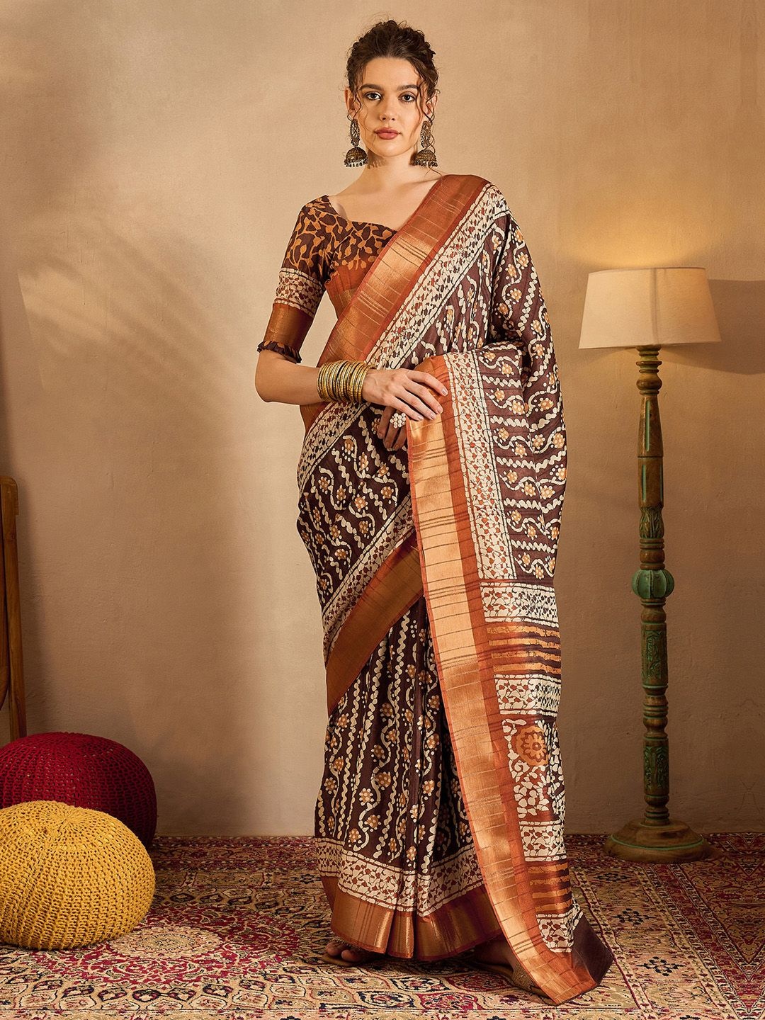 

Saree mall Ethnic Motifs Zari Bagru Sarees, Brown