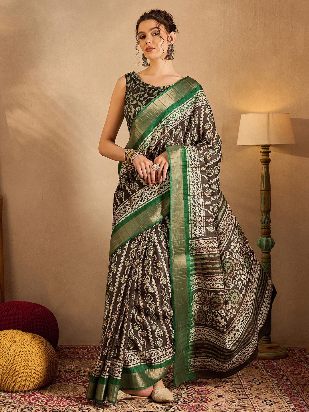 

Saree mall Ethnic Motifs Zari Bagru Sarees, Brown