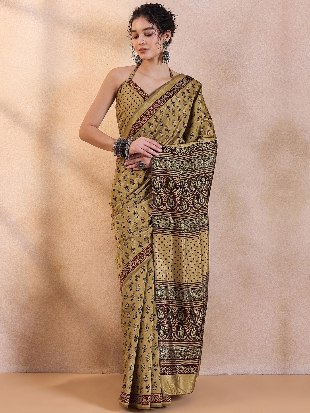 

Saree mall Ethnic Motifs Bagh Sarees, Beige