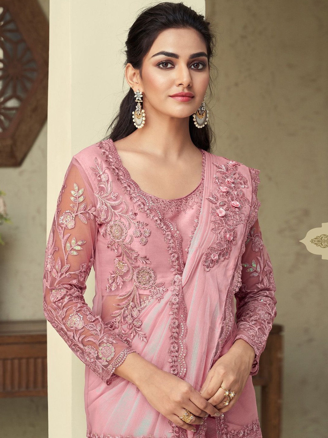 

Mitera Sequinned Embellished Georgette Saree & Styled jacket, Pink