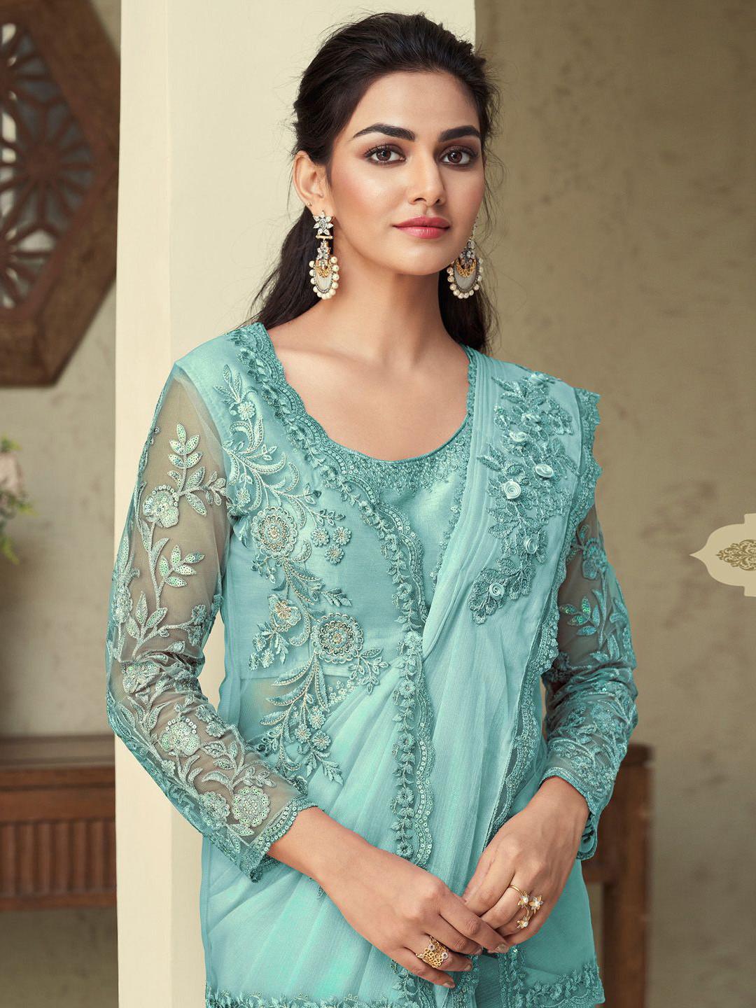 

Mitera Ethnic Motifs Embroidered Georgette Saree & Styled Jacket, Sea green