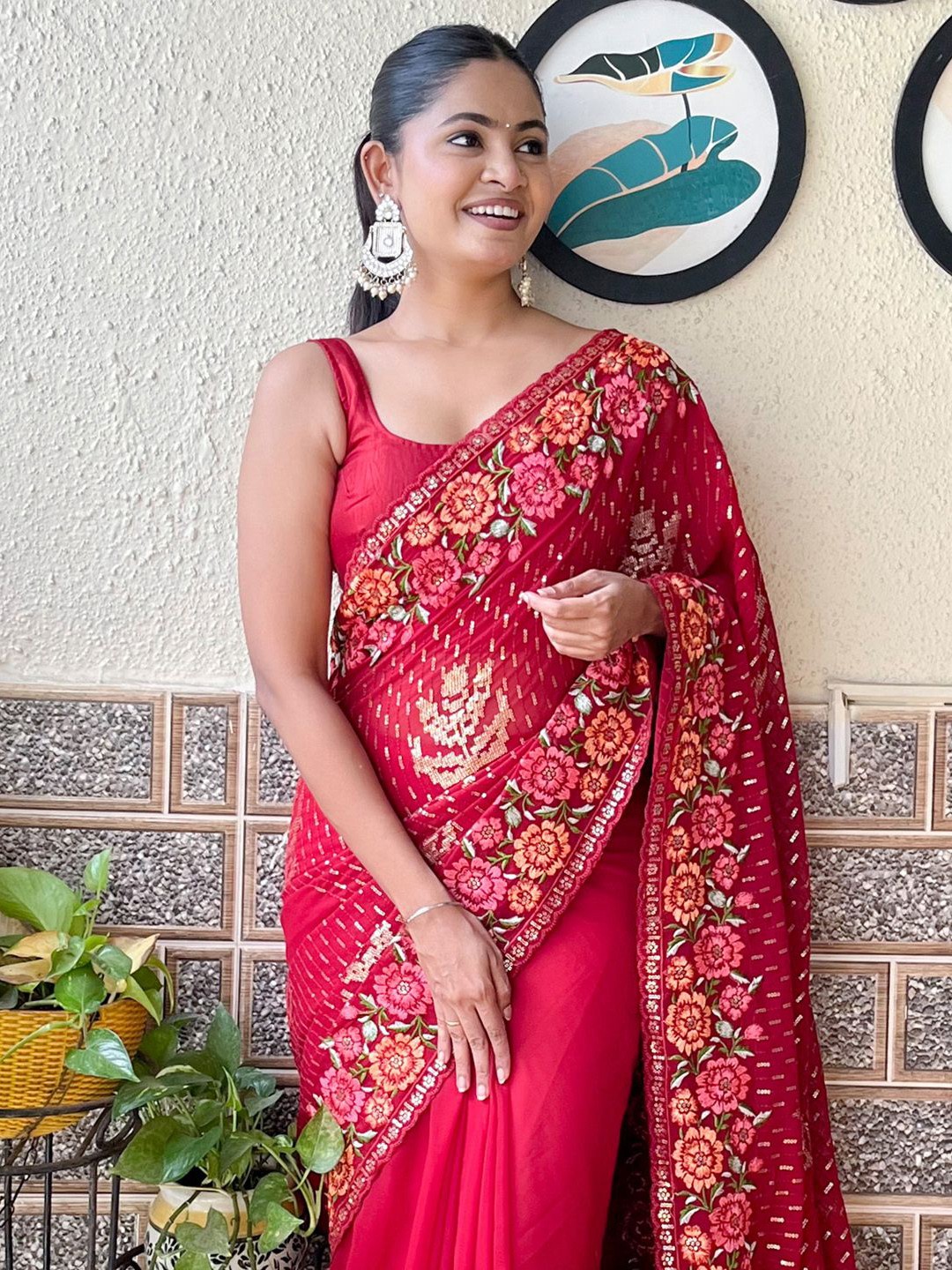 

Mitera Embellished Embroidered Pure Georgette Saree, Red