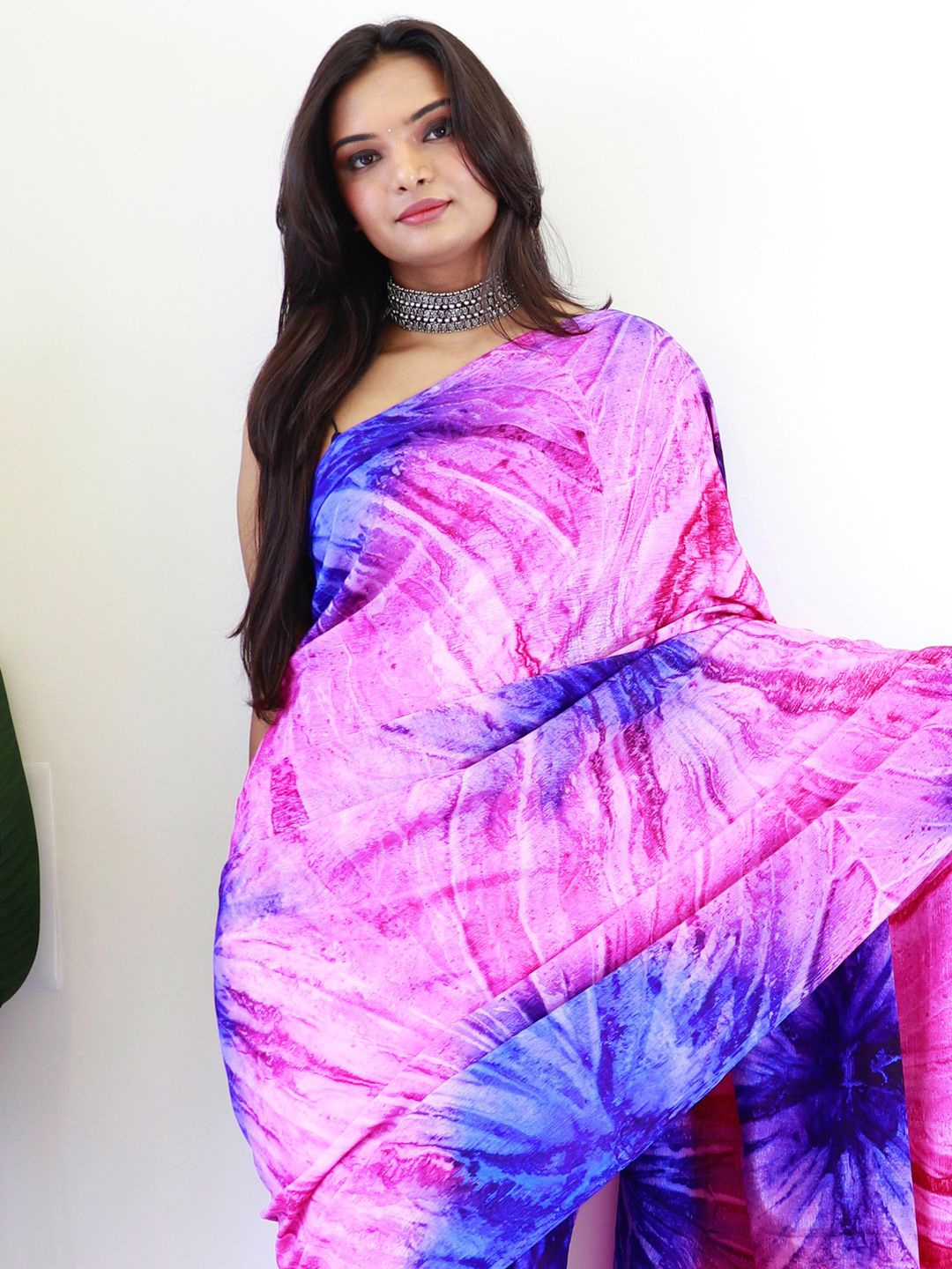 

KALINI Poly Chiffon Ready to Wear Block Print Saree, Pink