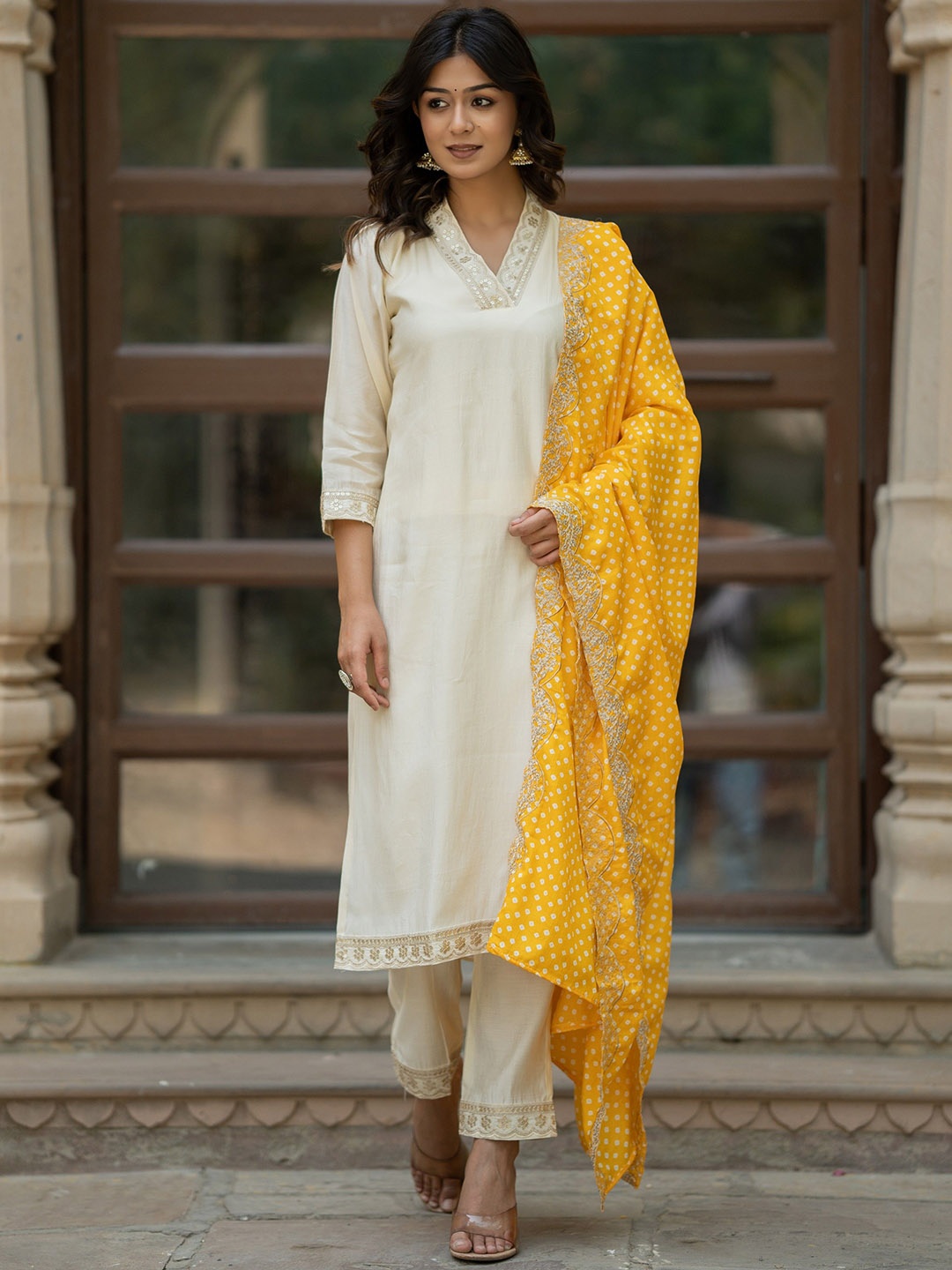 

KALINI V Neck Floral Embroidered Regular Sequinned Chanderi Silk Straight Kurta Set, White