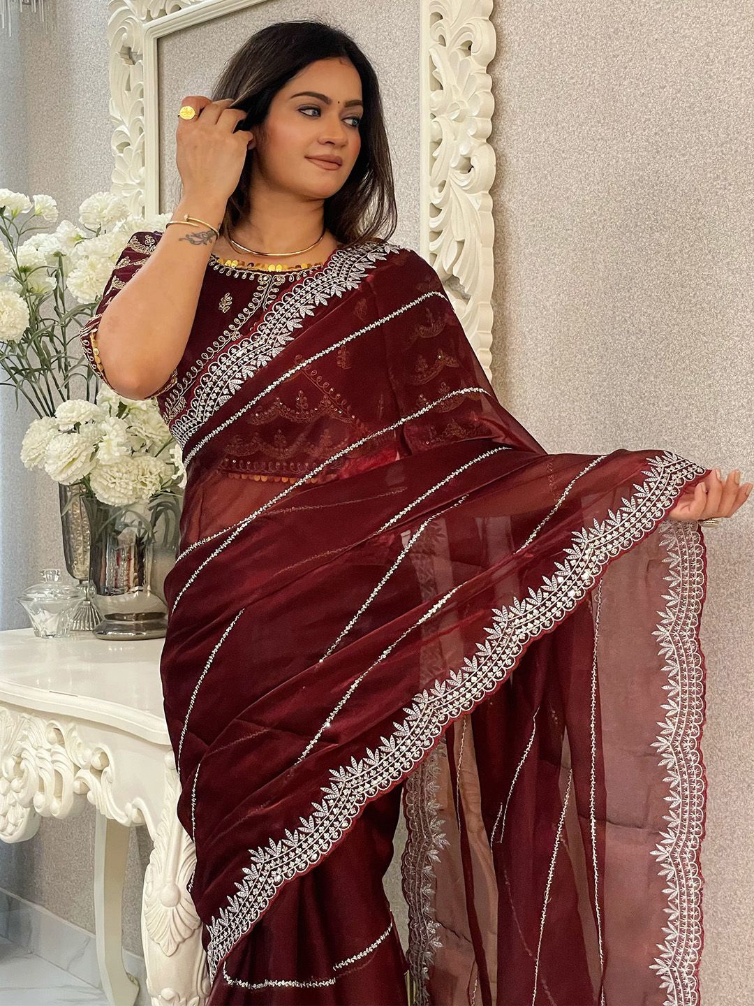 

Anouk Sequinned Organza Saree, Maroon