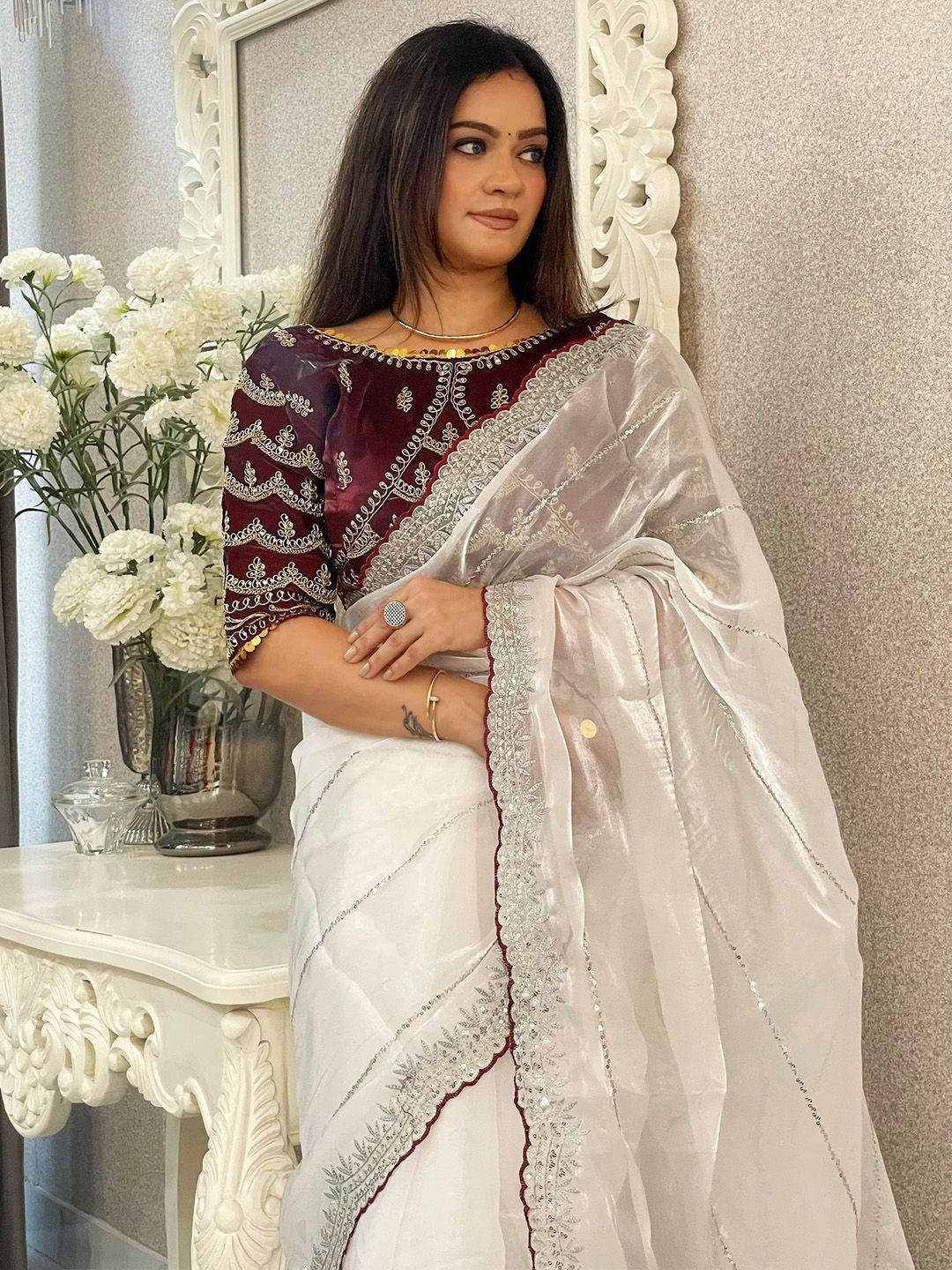 

Anouk Embellished Sequinned Organza Saree, White