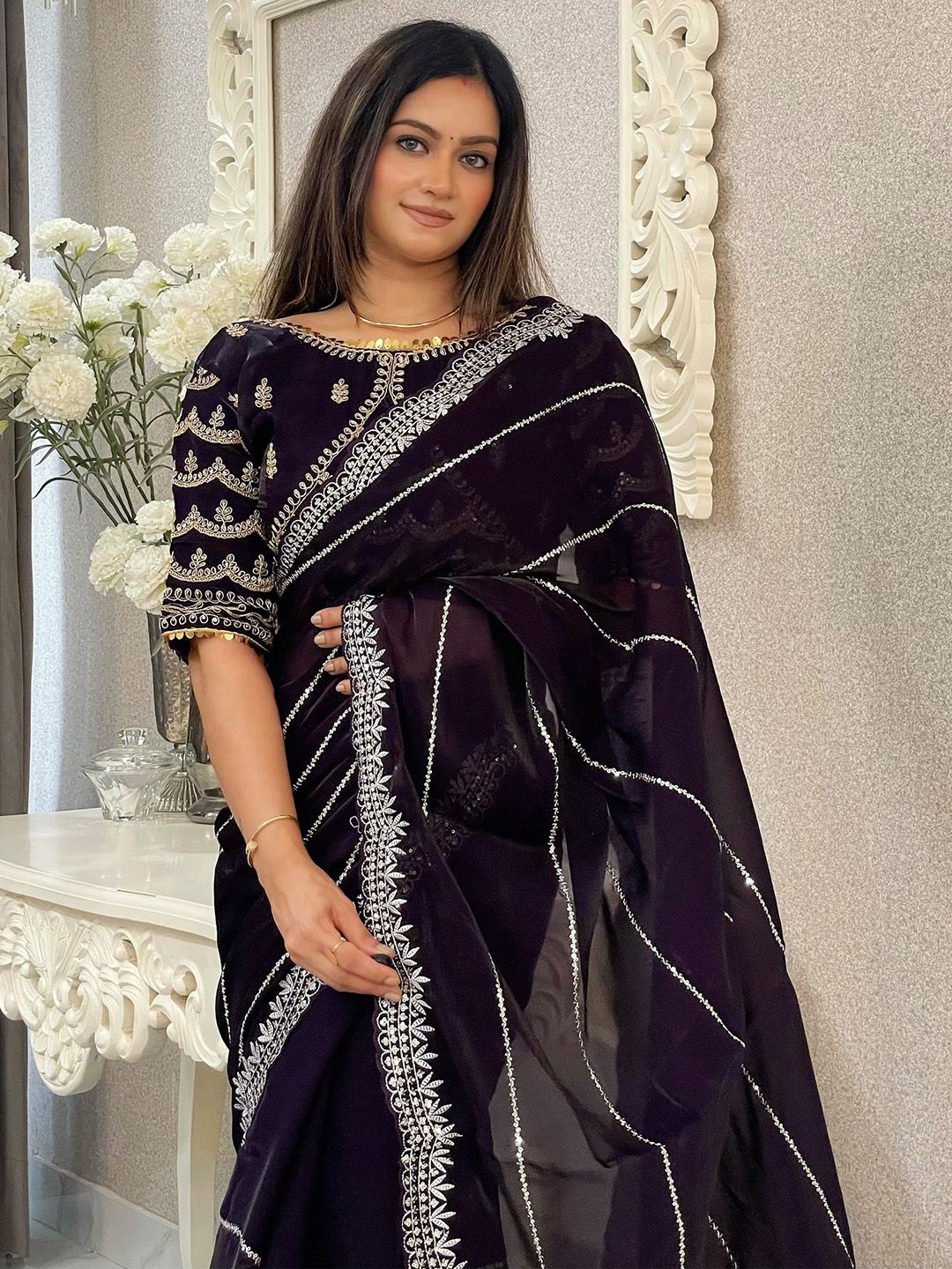 

Anouk Embellished Sequinned Organza Saree, Purple