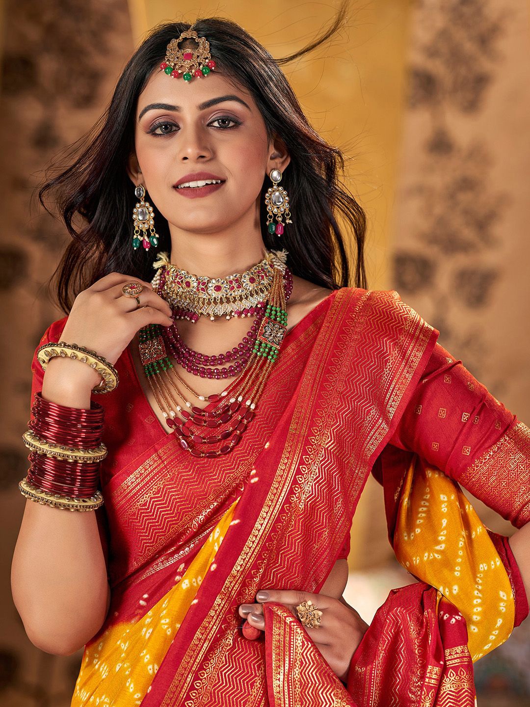 

Anouk Printed Zari Sungudi Saree, Yellow