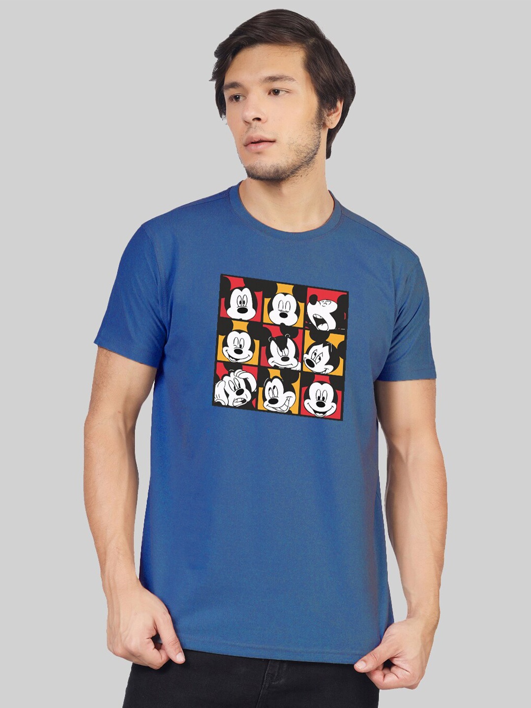 Greylongg Men Graphic Mickey Mouse Printed Round Neck T-shirt, Blue