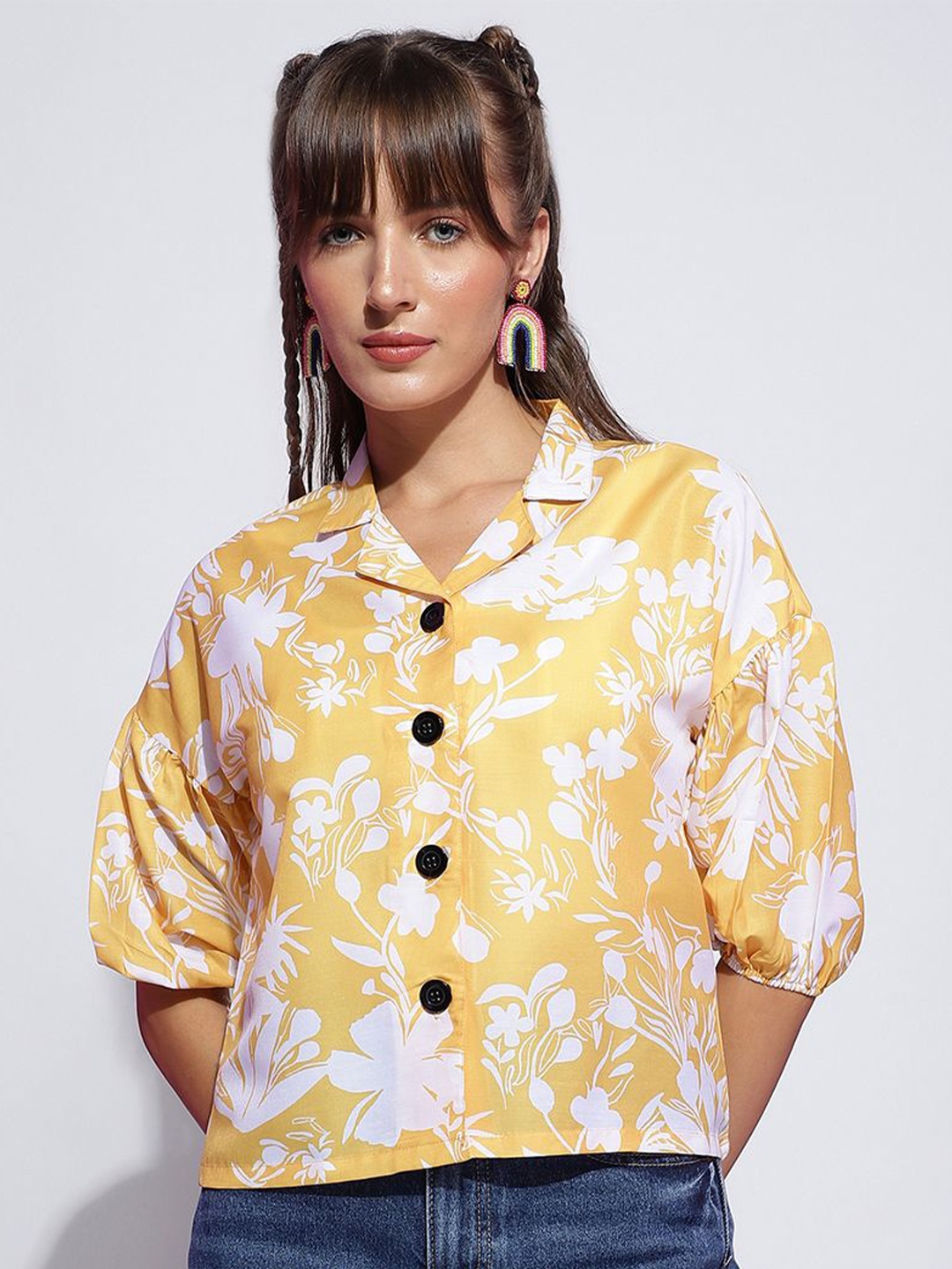 

J Turritopsis Women Floral Opaque Printed Casual Shirt, Yellow