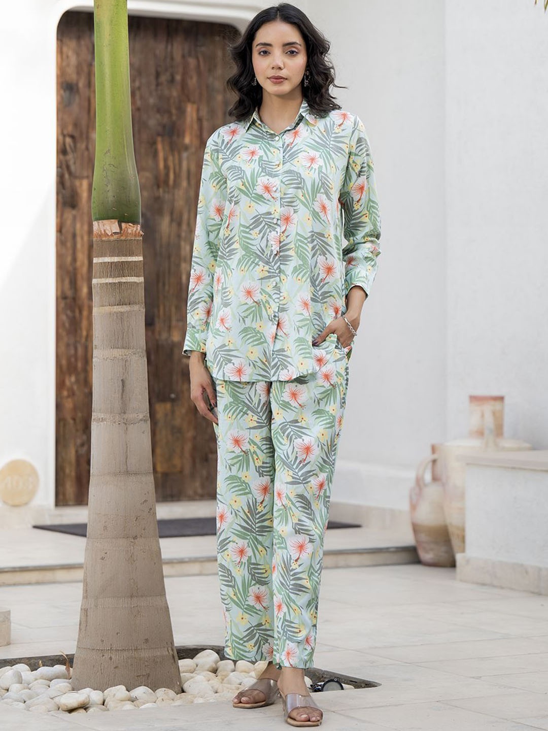 

Divena Printed Long Cuffed Sleeves Shirt With Trousers, Blue
