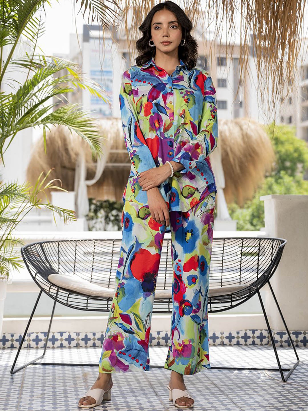 

Divena Floral Printed Long Sleeve Shirt With Trousers, Blue