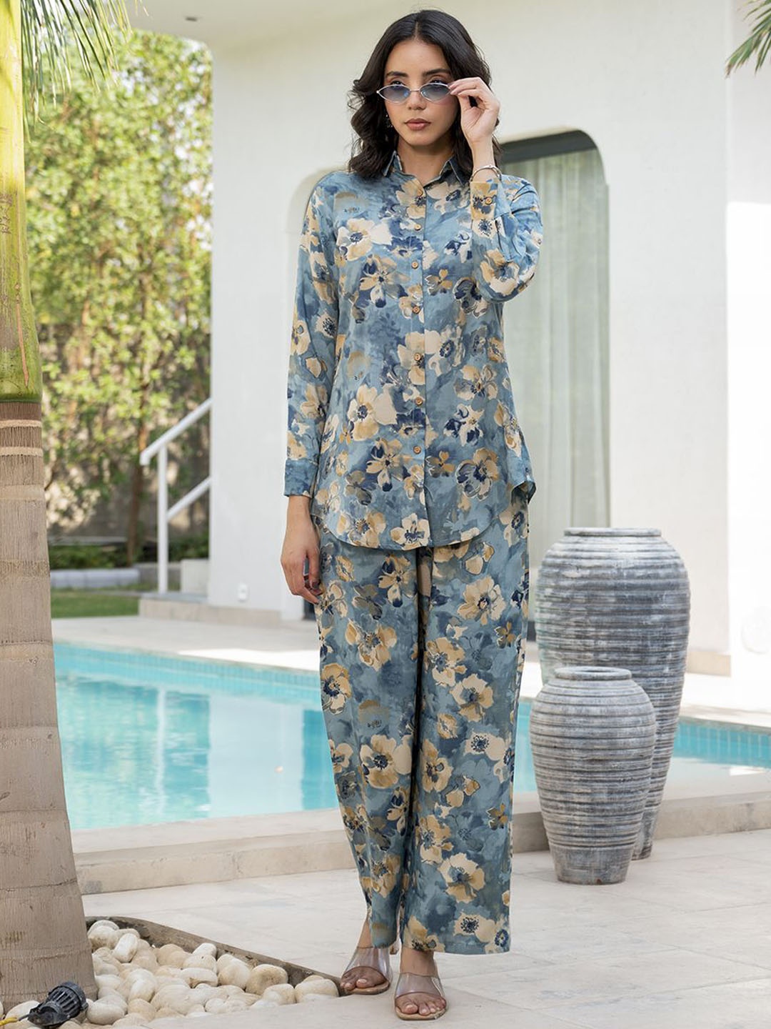 

Divena Floral Printed Long Sleeve Shirt With Trousers, Blue