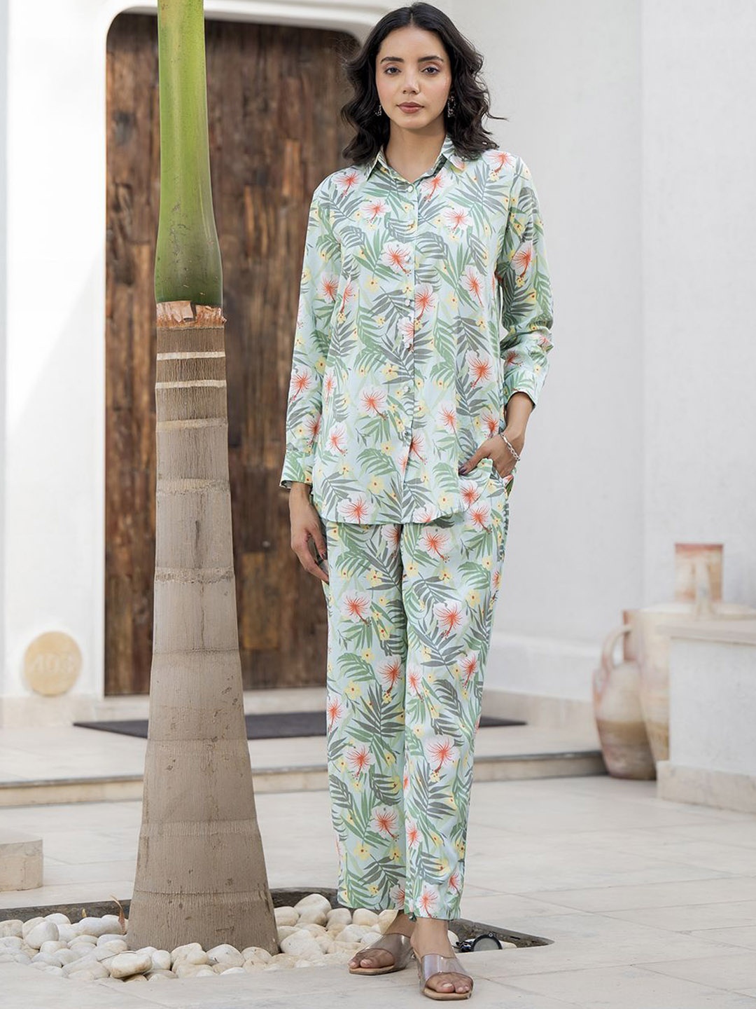 

Divena Printed Long Cuffed Sleeves Shirt With Trousers, Blue