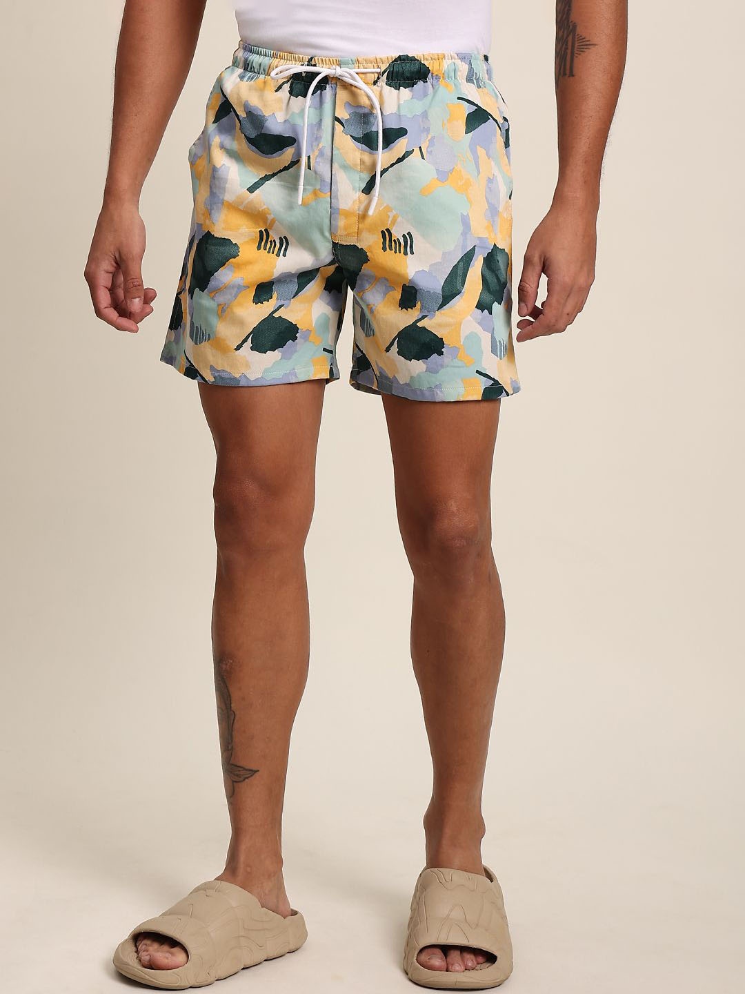 

Bene Kleed Men Mid-Rise Printed Cotton Slim Fit Shorts, Yellow