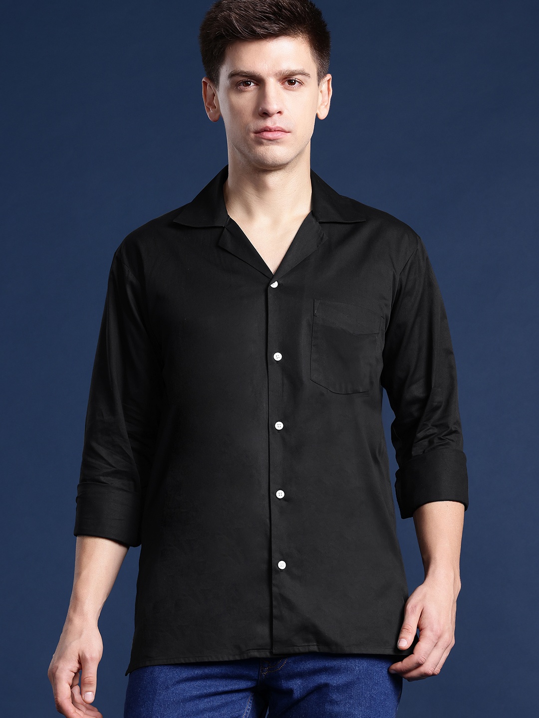 

Hancock Men Solid Pure Cotton Relaxed Fit Casual Shirt, Black