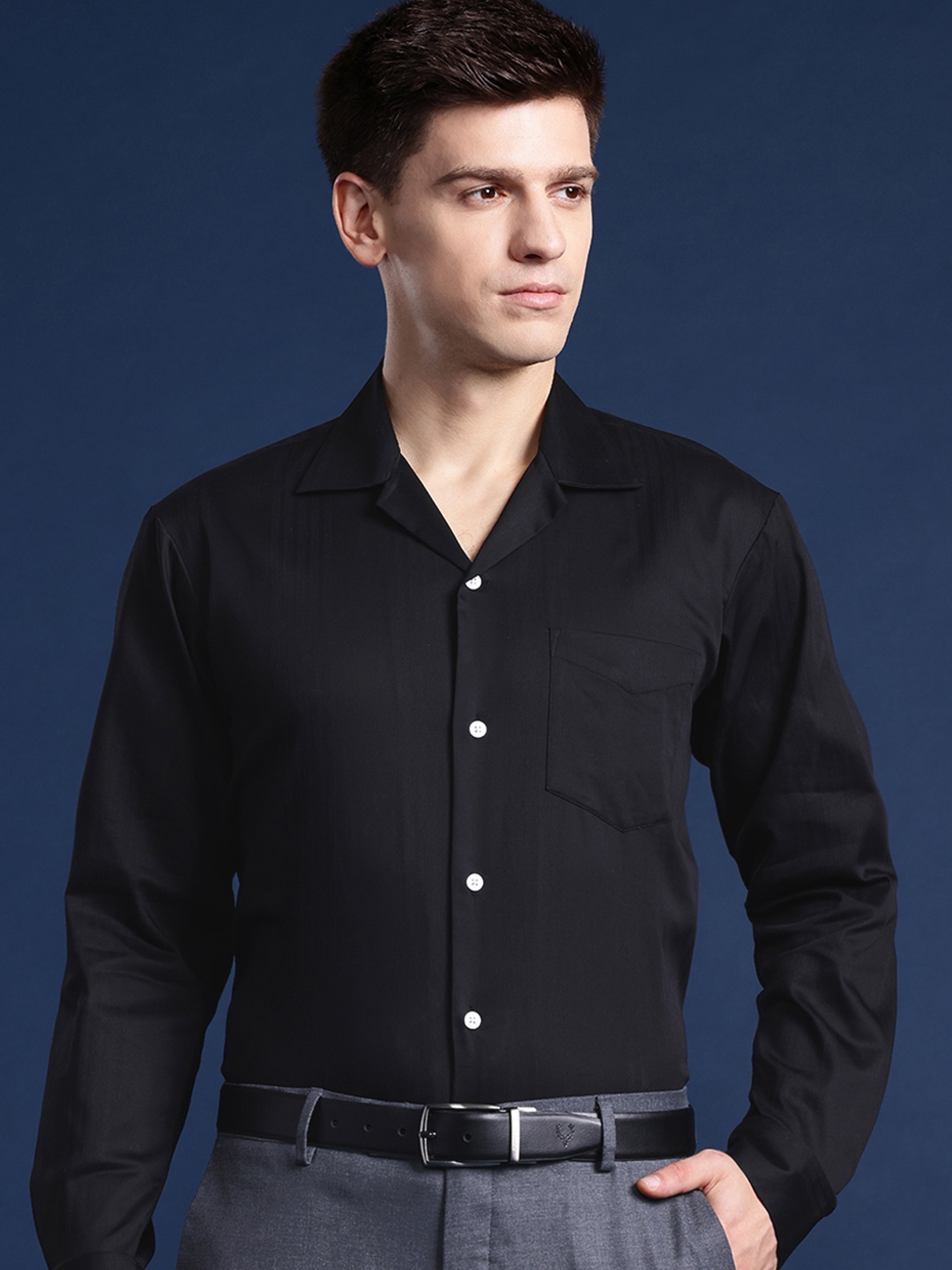 

Hancock Men Self Design Cotton Stretch Cuban Collar Relaxed Fit Party Shirt, Black
