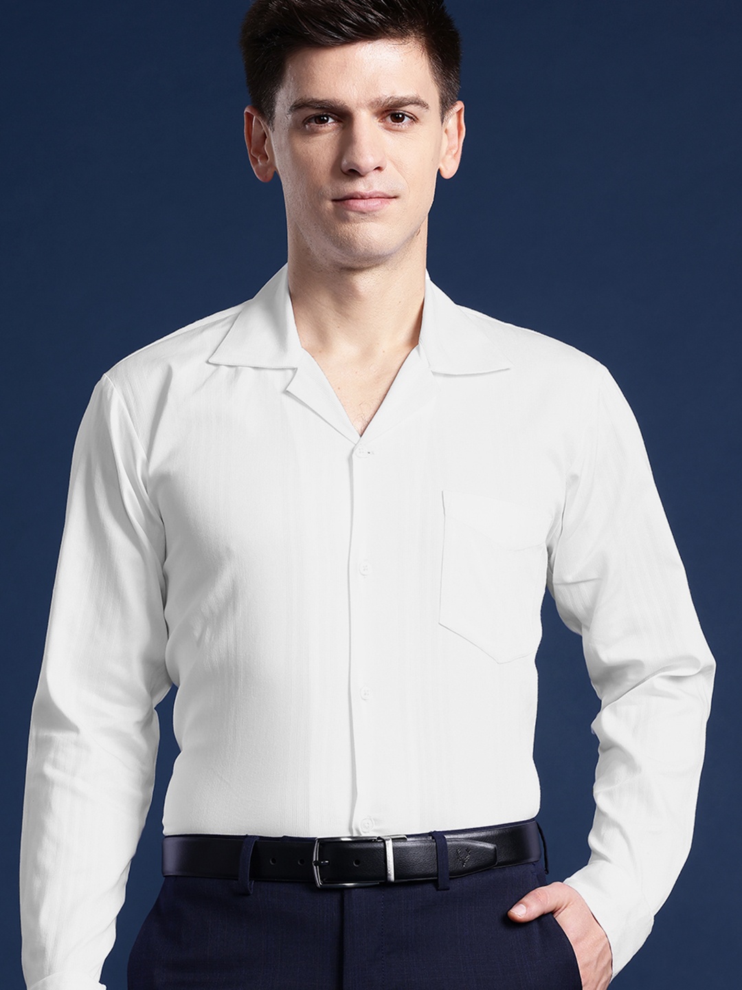 

Hancock Men Self Design Cotton Stretch Cuban Collar Relaxed Fit Formal Shirt, White
