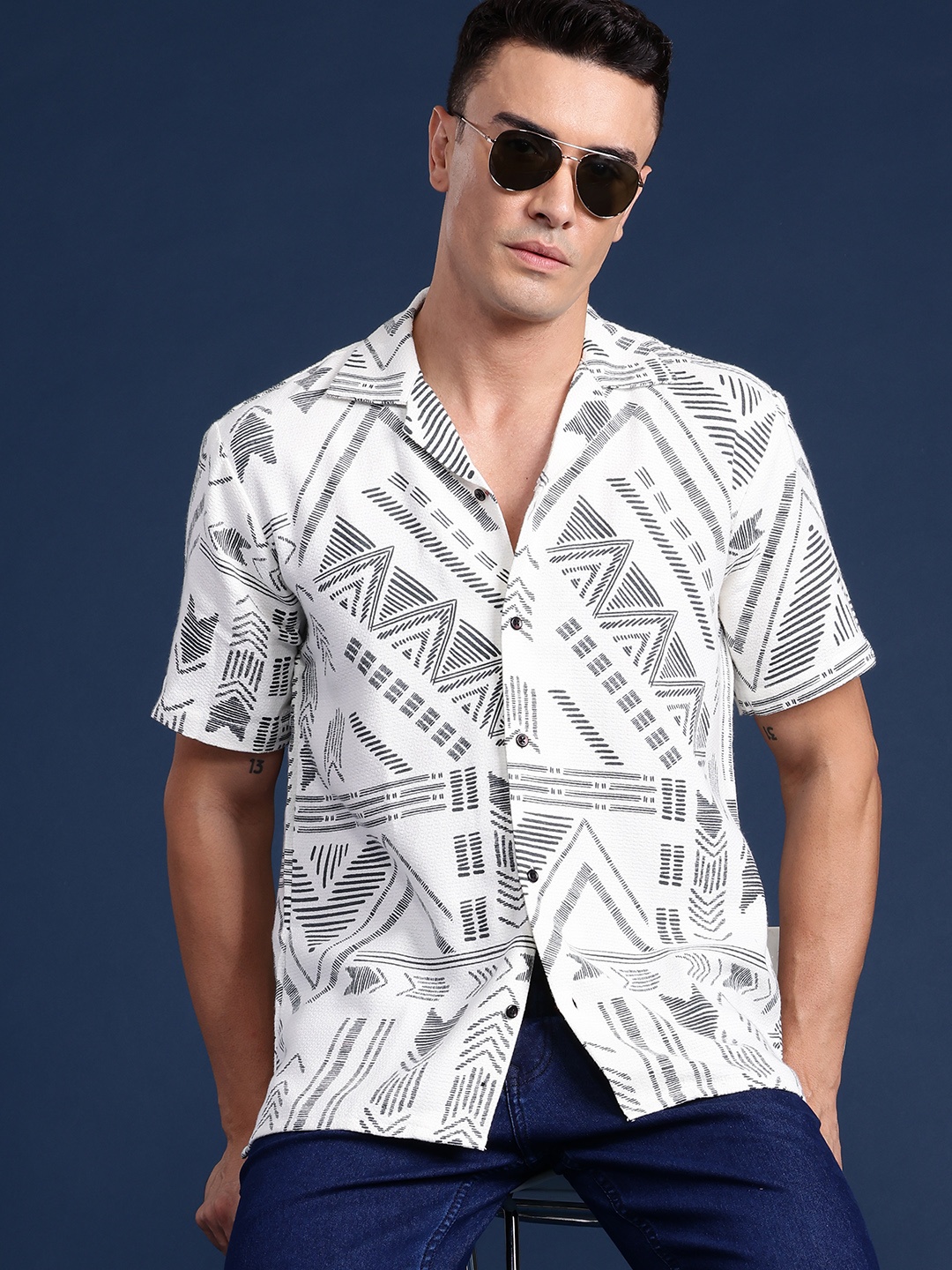 

Hancock Men Geometric Printed Cuban Collar Relaxed Fit Casual Shirt, White