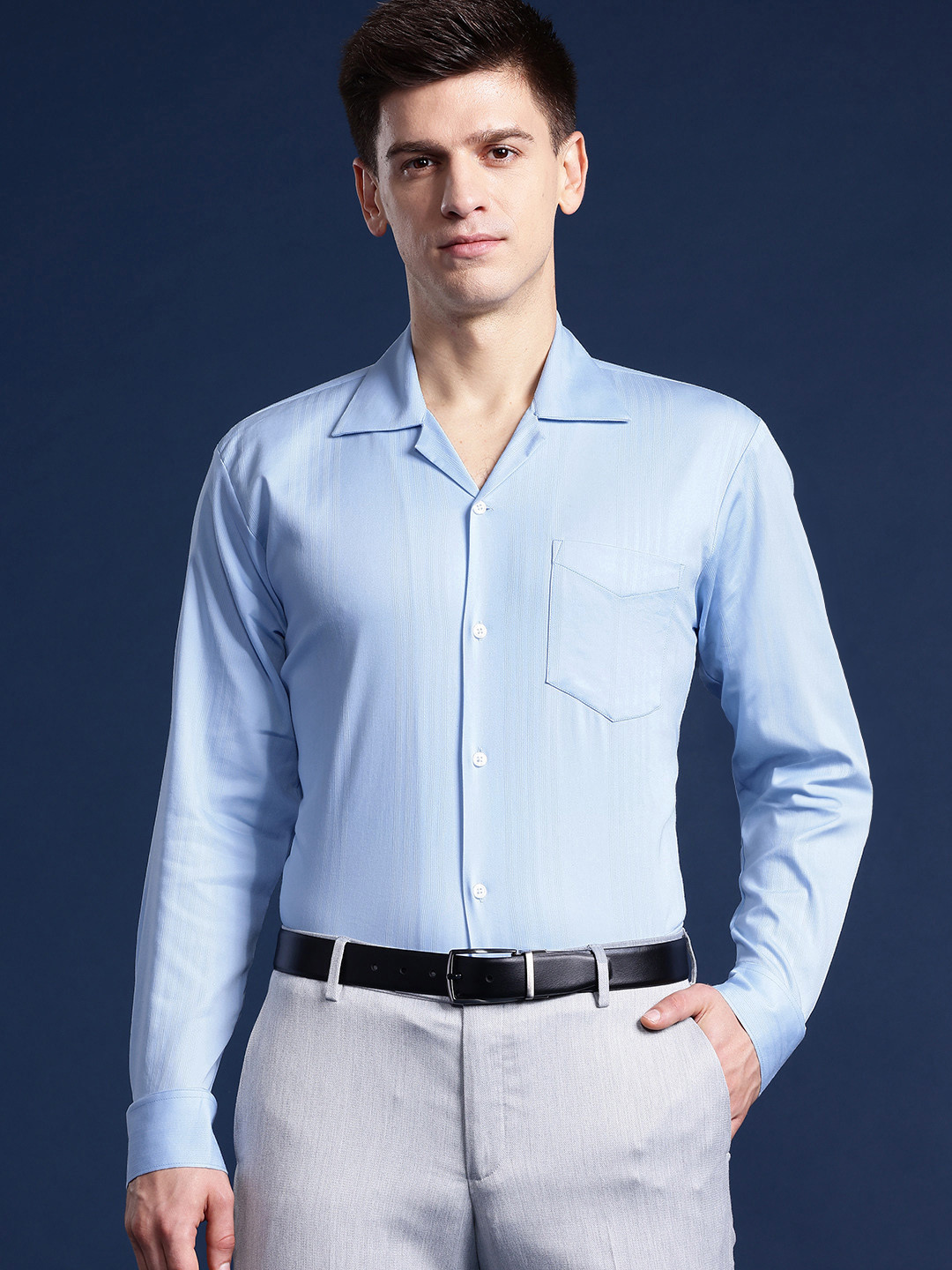 

Hancock Men Self Design Cotton Stretch Cuban Collar Relaxed Fit Party Shirt, Blue