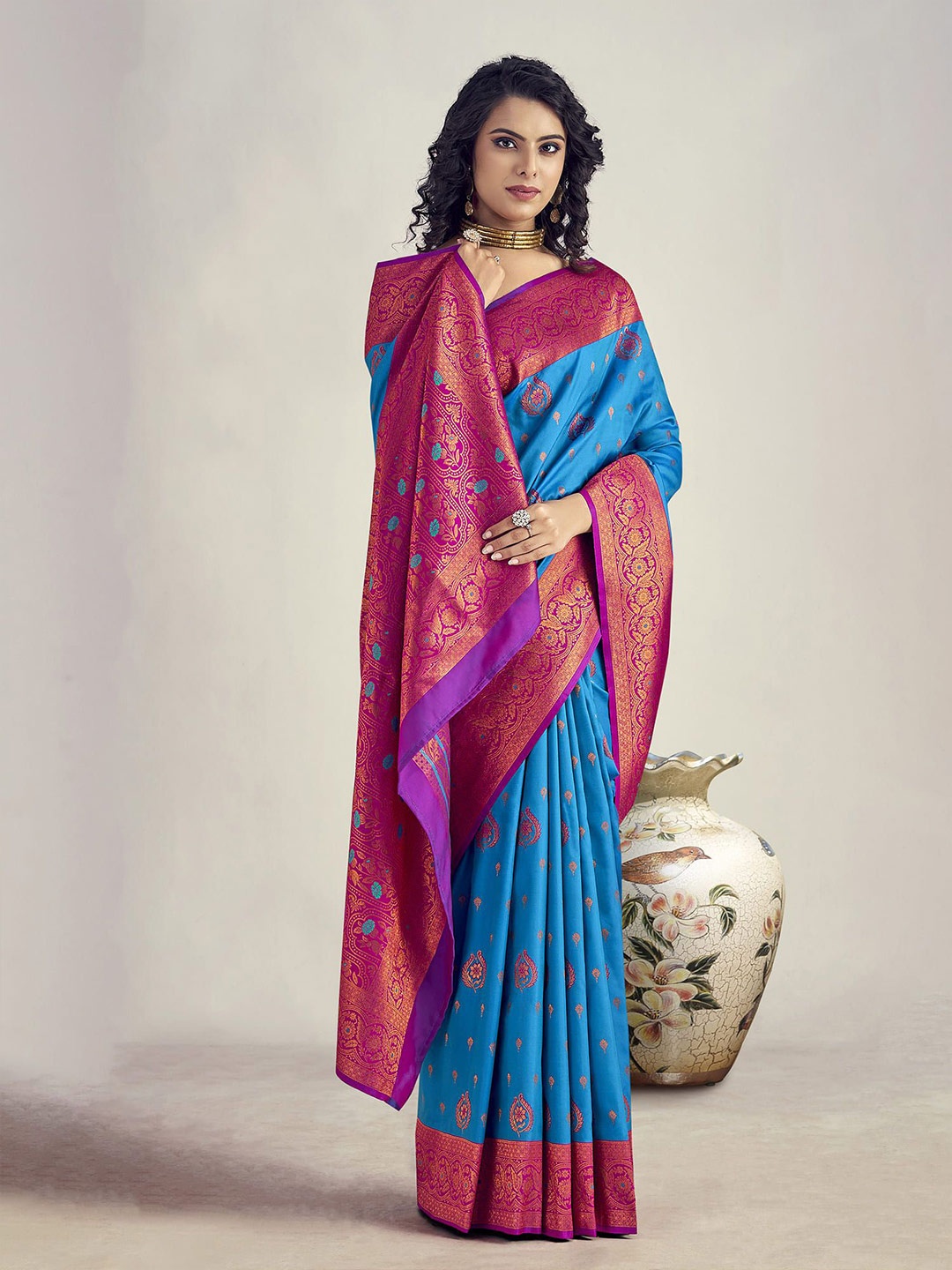 

elora Floral Zari Saree, Turquoise blue