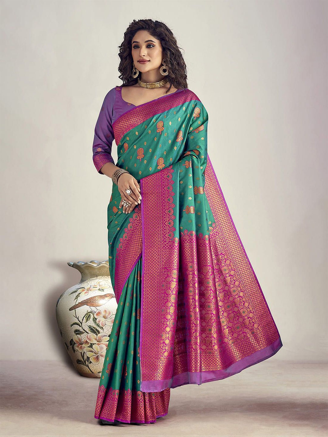 

elora Ethnic Motifs Woven Design Zari Saree, Sea green