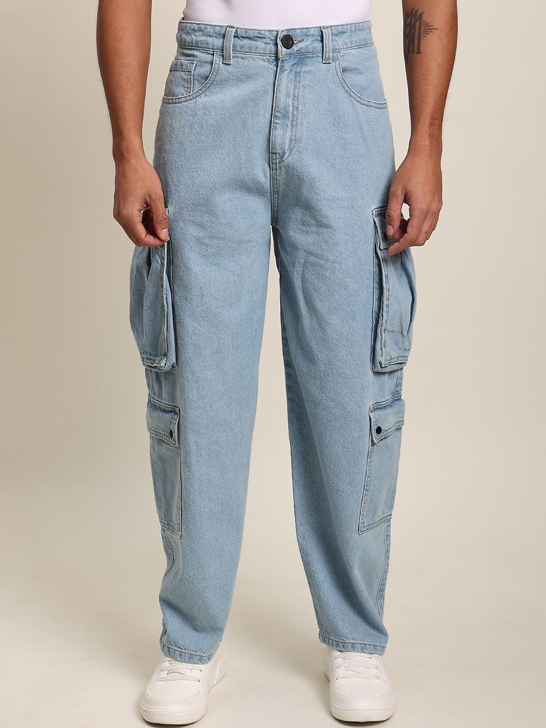 

Bene Kleed Men Non Stretchable Pure Cotton Clean Look Mid Rise Baggy Fit Cargo Jeans, Blue