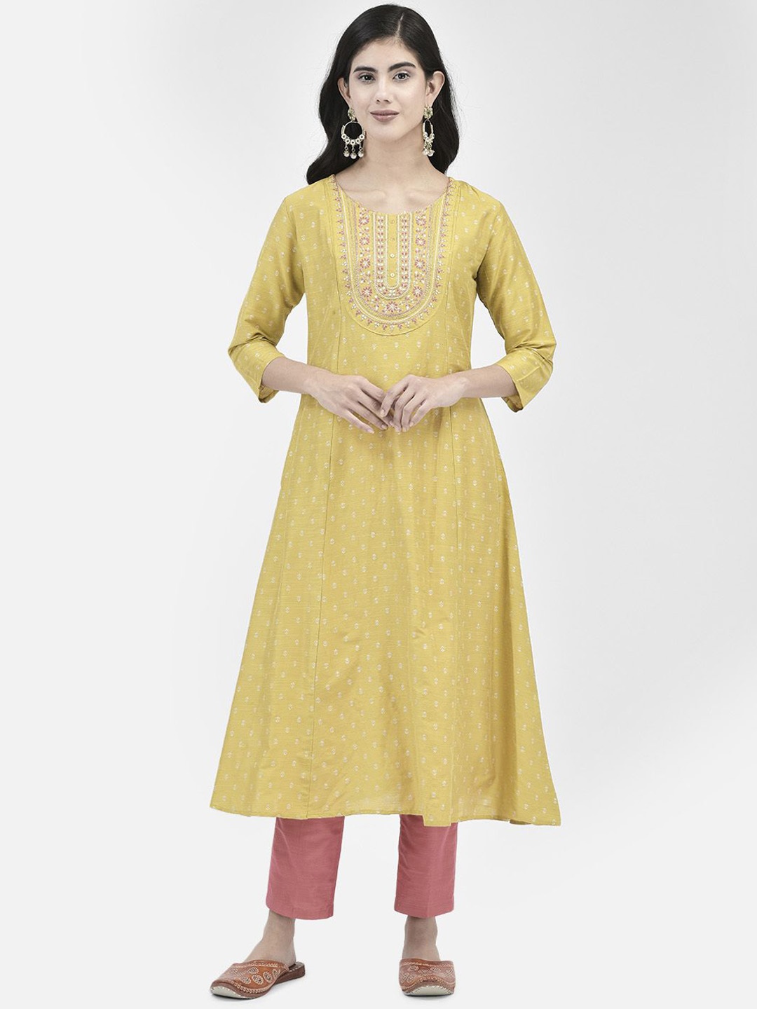 

Span Ethnic Motifs Printed Round Neck Three-Quarter Sleeves Thread Work Anarkali Kurta, Yellow